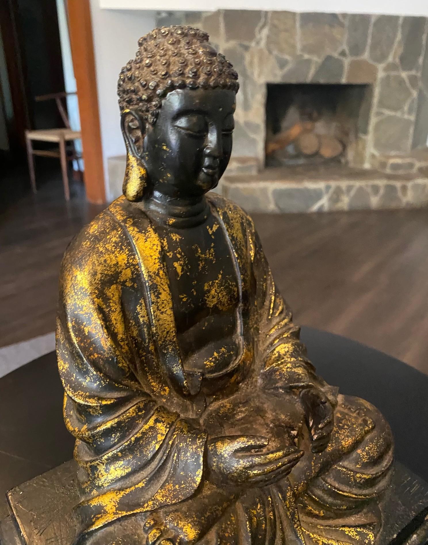 Estatua Escultura Buda Asiático Japonés Amida Nyorai Tallado Madera Dorada Sentado en venta 11