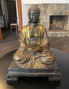 Carved Gilt Wood Seated Japanese Asian Buddha Amida Nyorai Sculpture Statue
