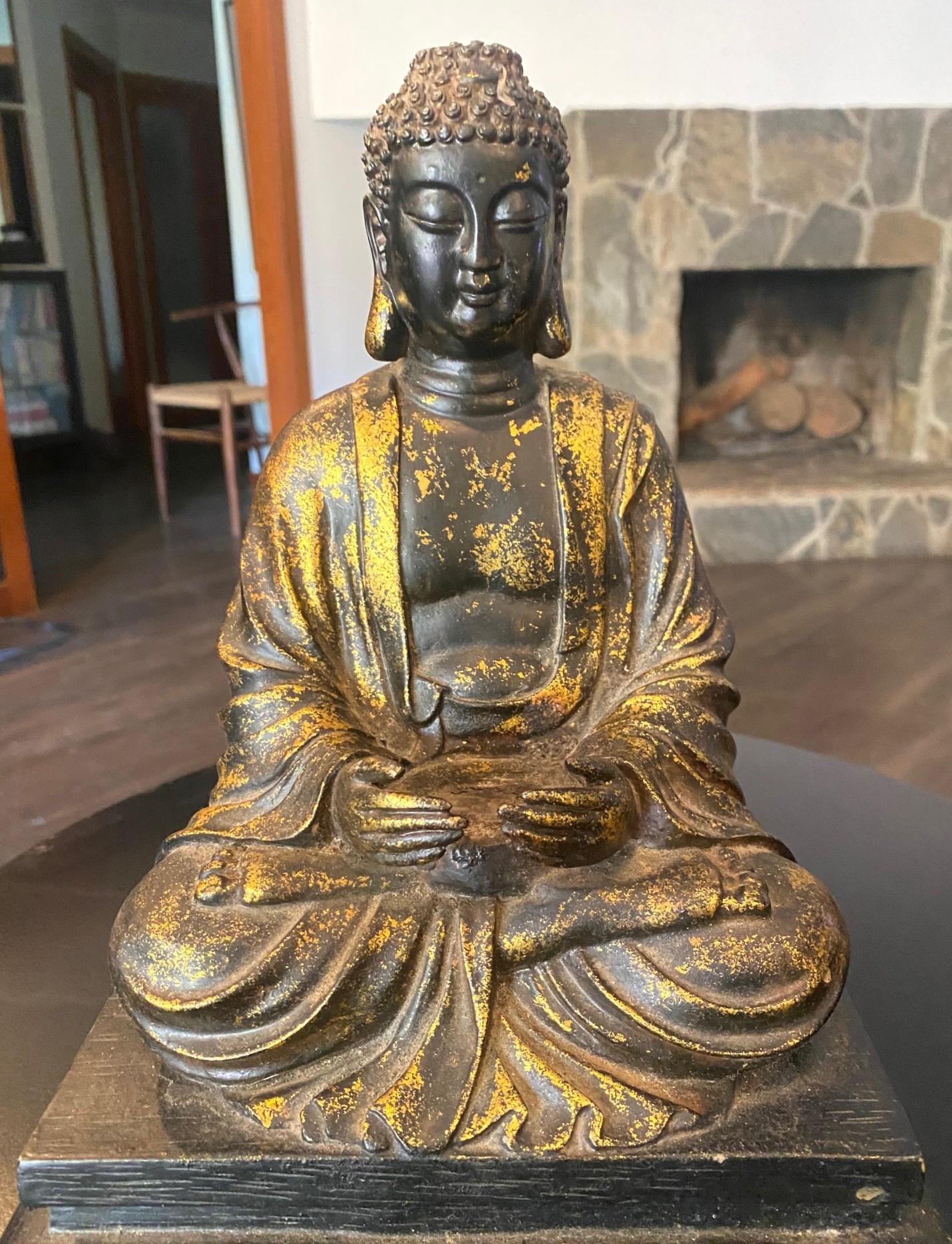 Estatua Escultura Buda Asiático Japonés Amida Nyorai Tallado Madera Dorada Sentado Showa en venta