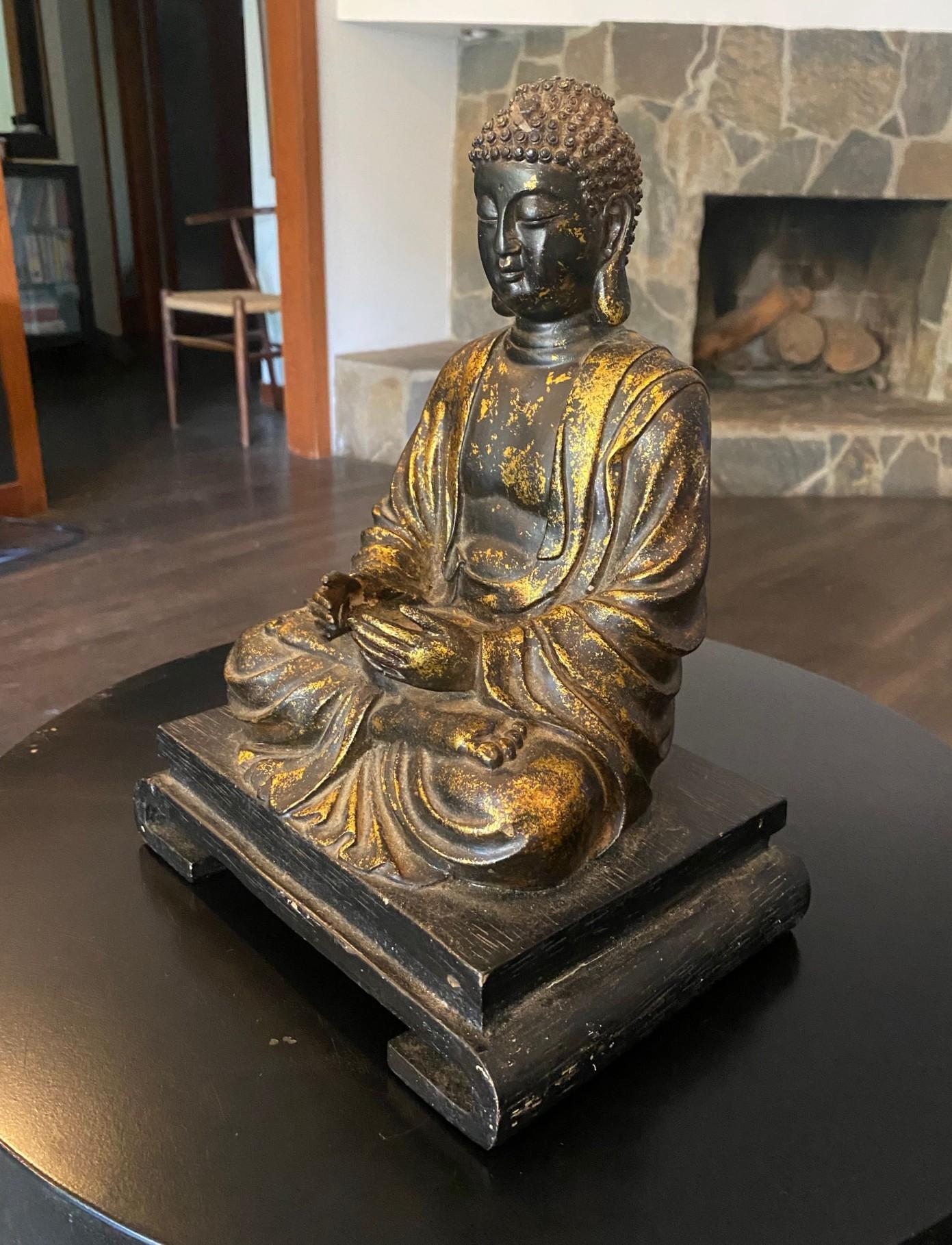 Estatua Escultura Buda Asiático Japonés Amida Nyorai Tallado Madera Dorada Sentado en venta 2