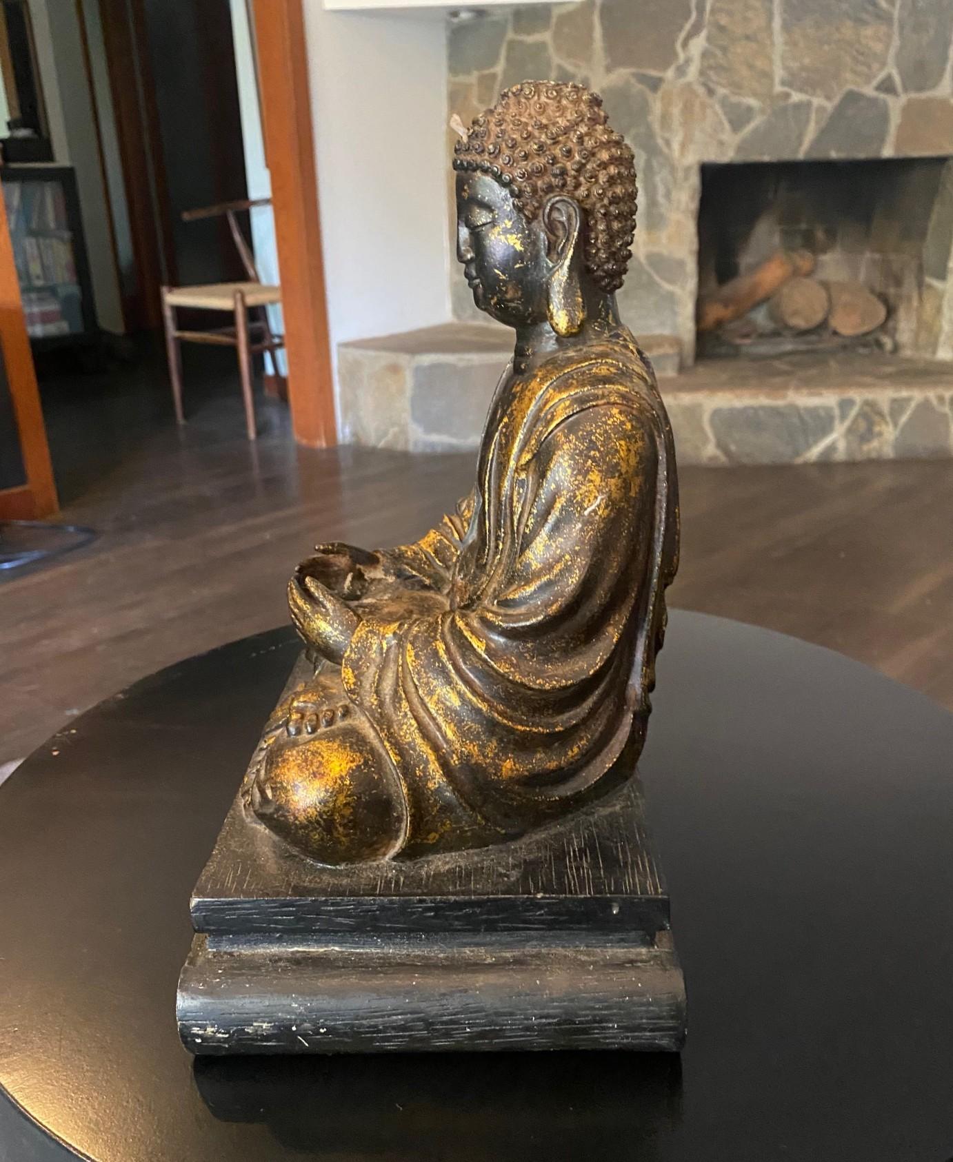 Estatua Escultura Buda Asiático Japonés Amida Nyorai Tallado Madera Dorada Sentado en venta 3
