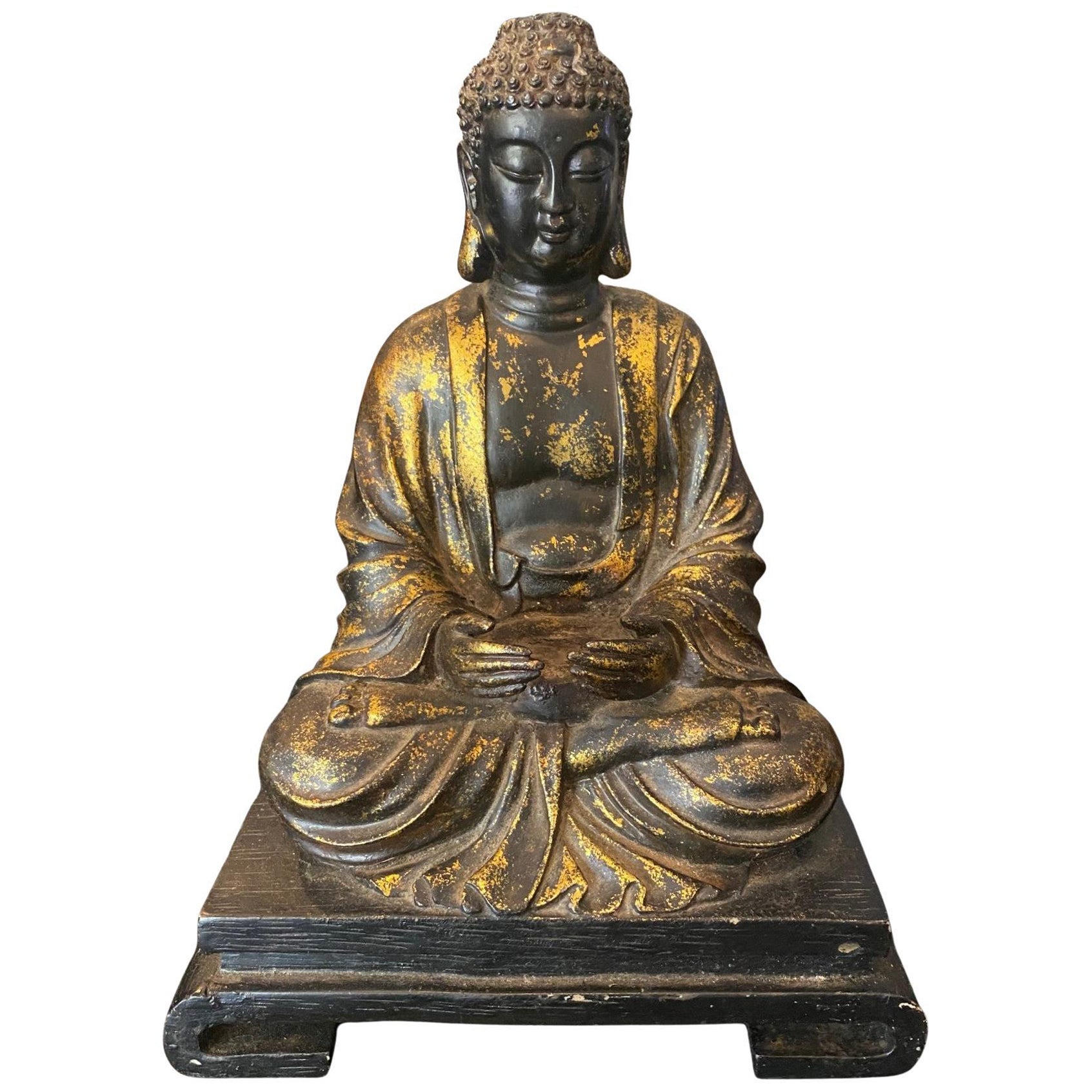 Statue Bouddha asiatique japonais Amida Nyorai Sculpture assise en bois sculpté et doré
