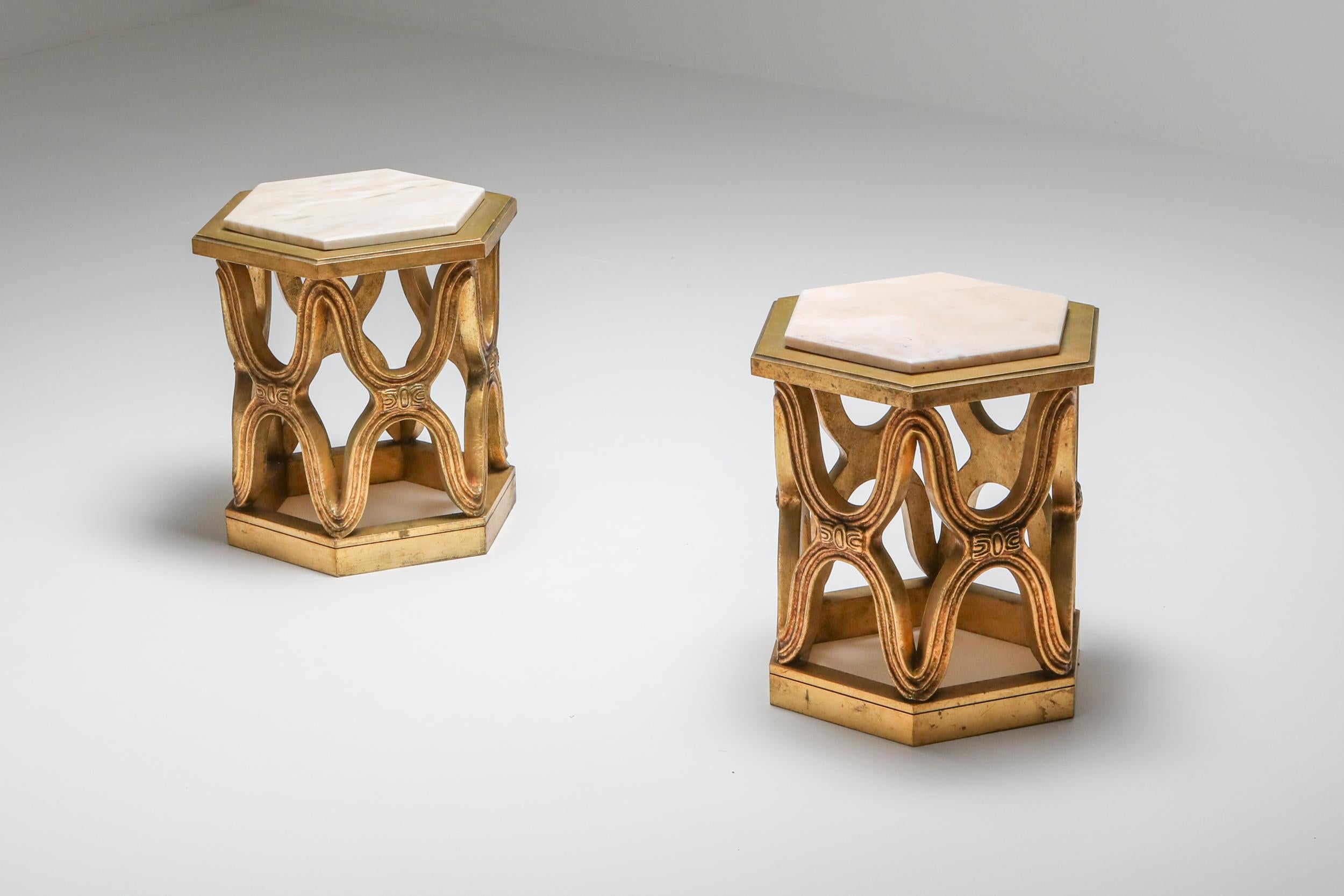 Hollywood Regency Carved Giltwood Side Tables with Marble Top, 1970s For Sale