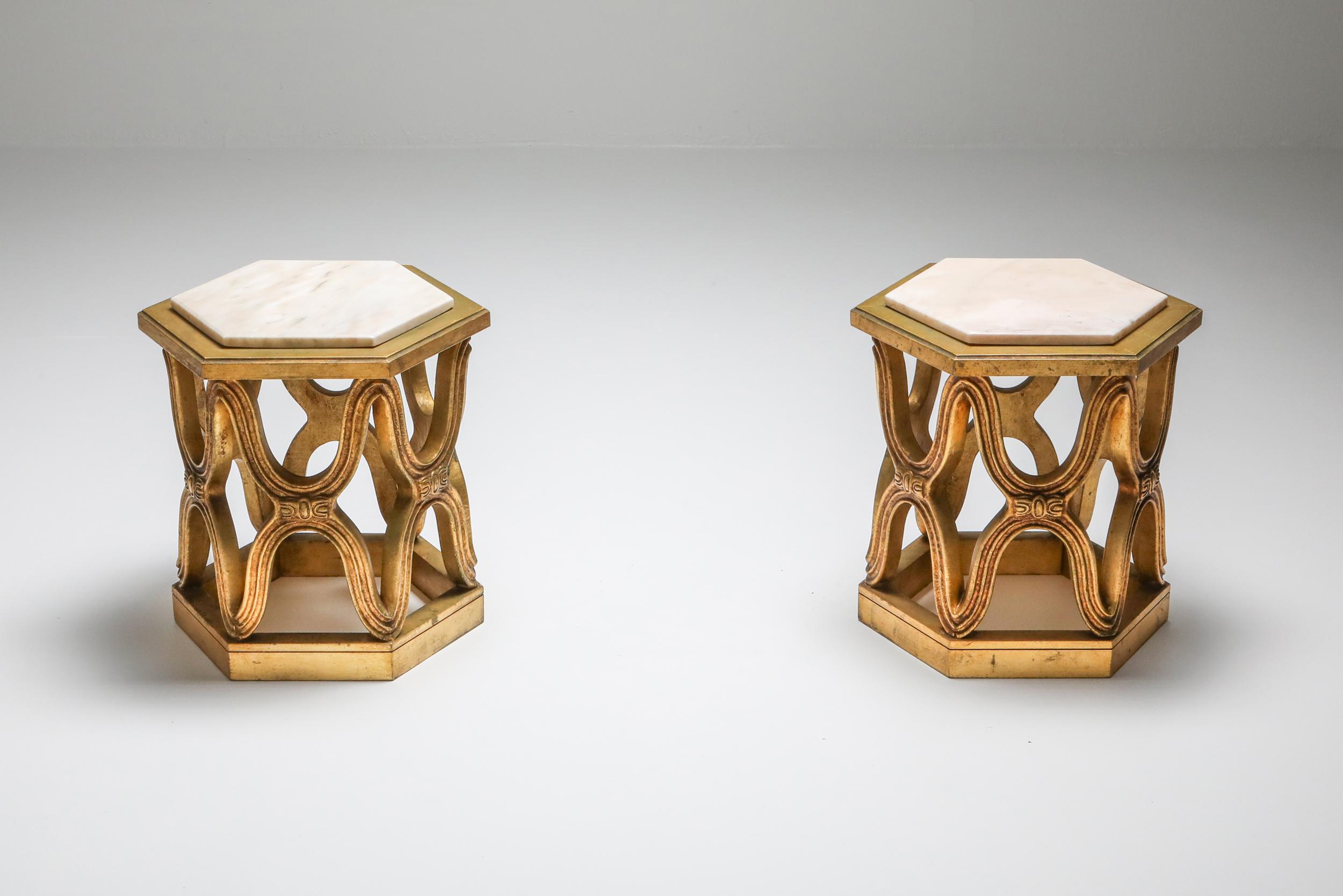 Italian Carved Giltwood Side Tables with Marble Top, 1970s For Sale