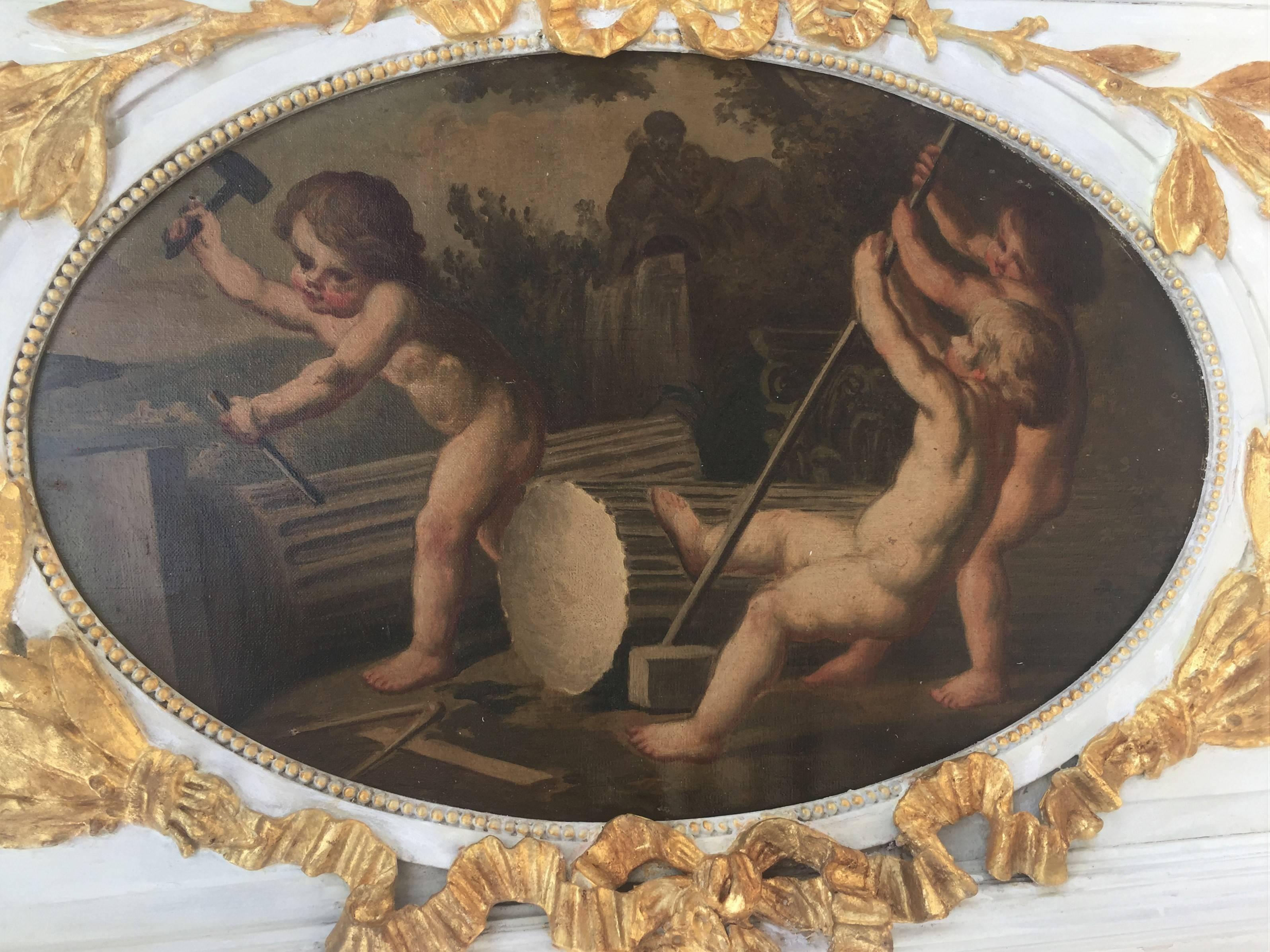 Carved Giltwood and Painted Boiserie Overdoor Frieze Panel with Cherubs Inset 5