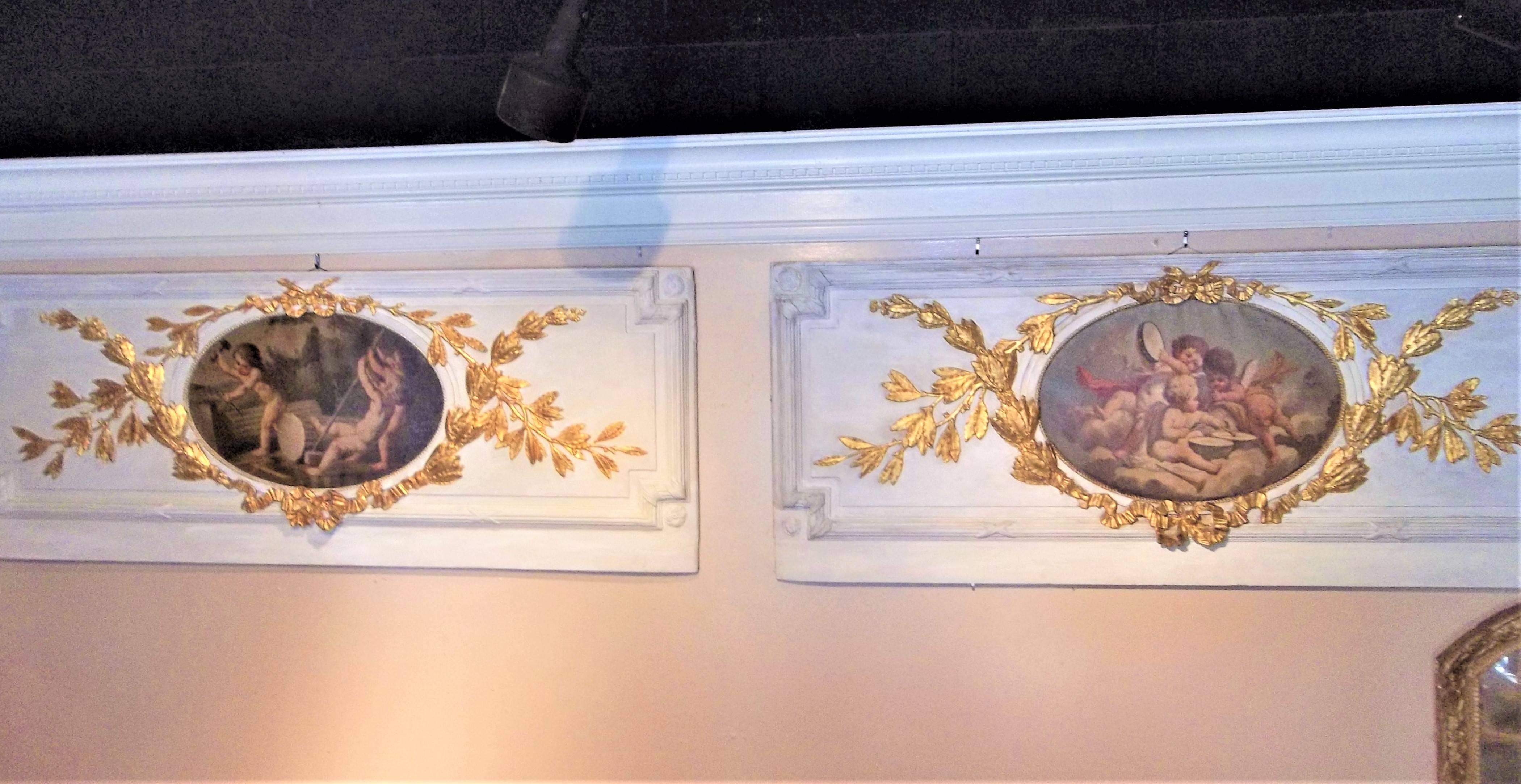 Carved Giltwood and Painted Boiserie Overdoor Frieze Panel with Cherubs Inset 6