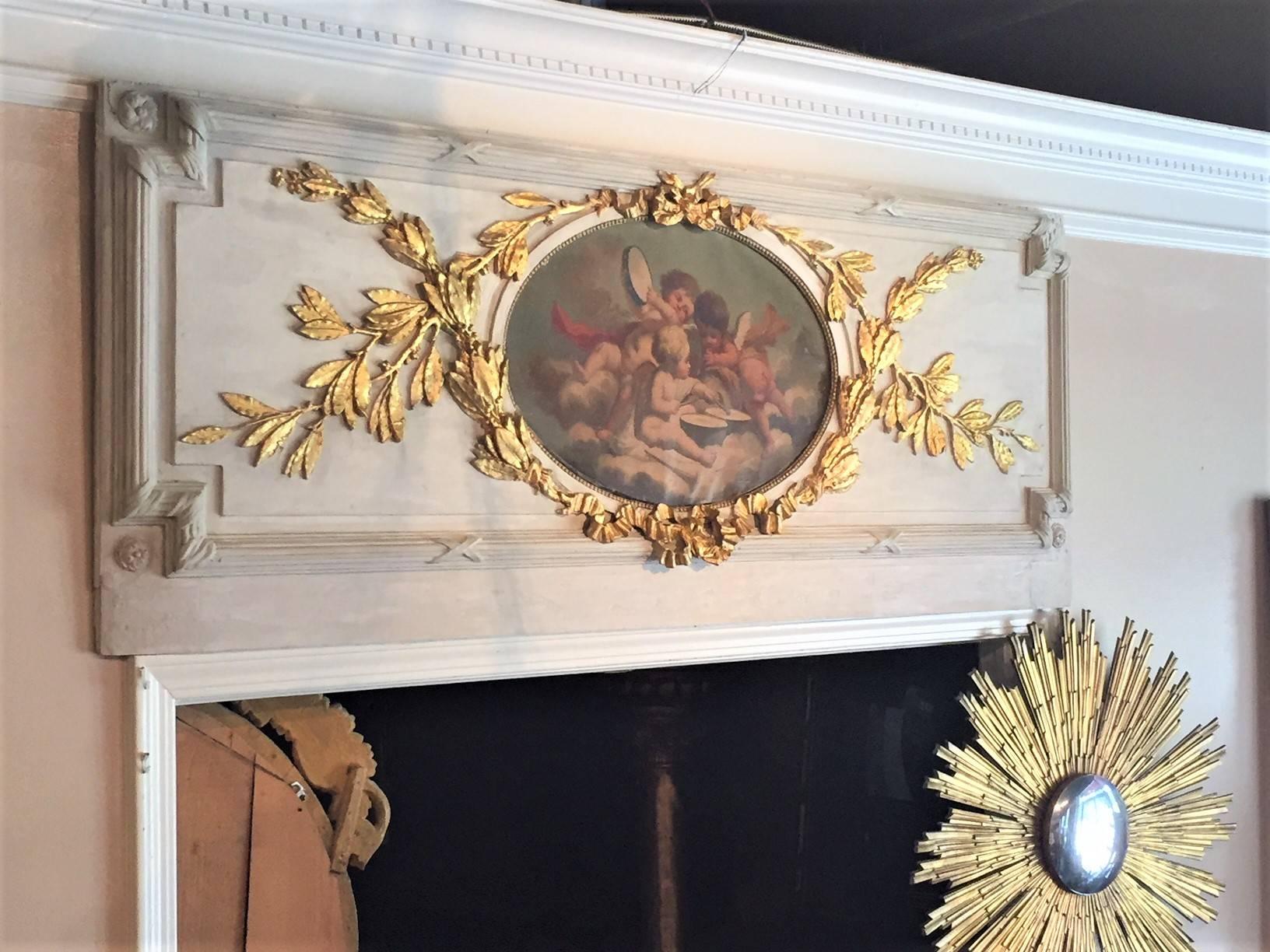 Carved Giltwood and Painted Boiserie Overdoor Frieze Panel with Cherubs Inset 7