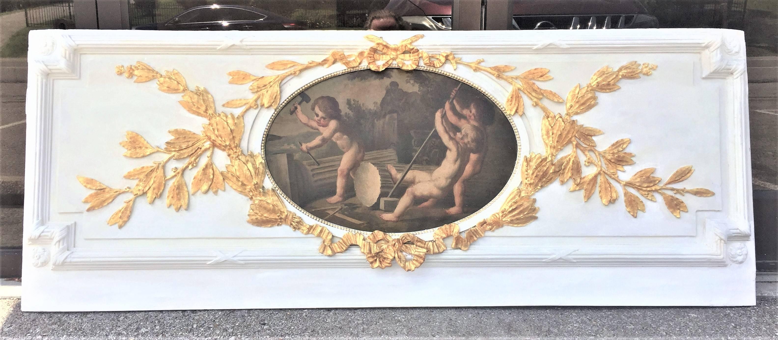 Carved Giltwood and Painted Boiserie Overdoor Frieze Panel with Cherubs Inset 9