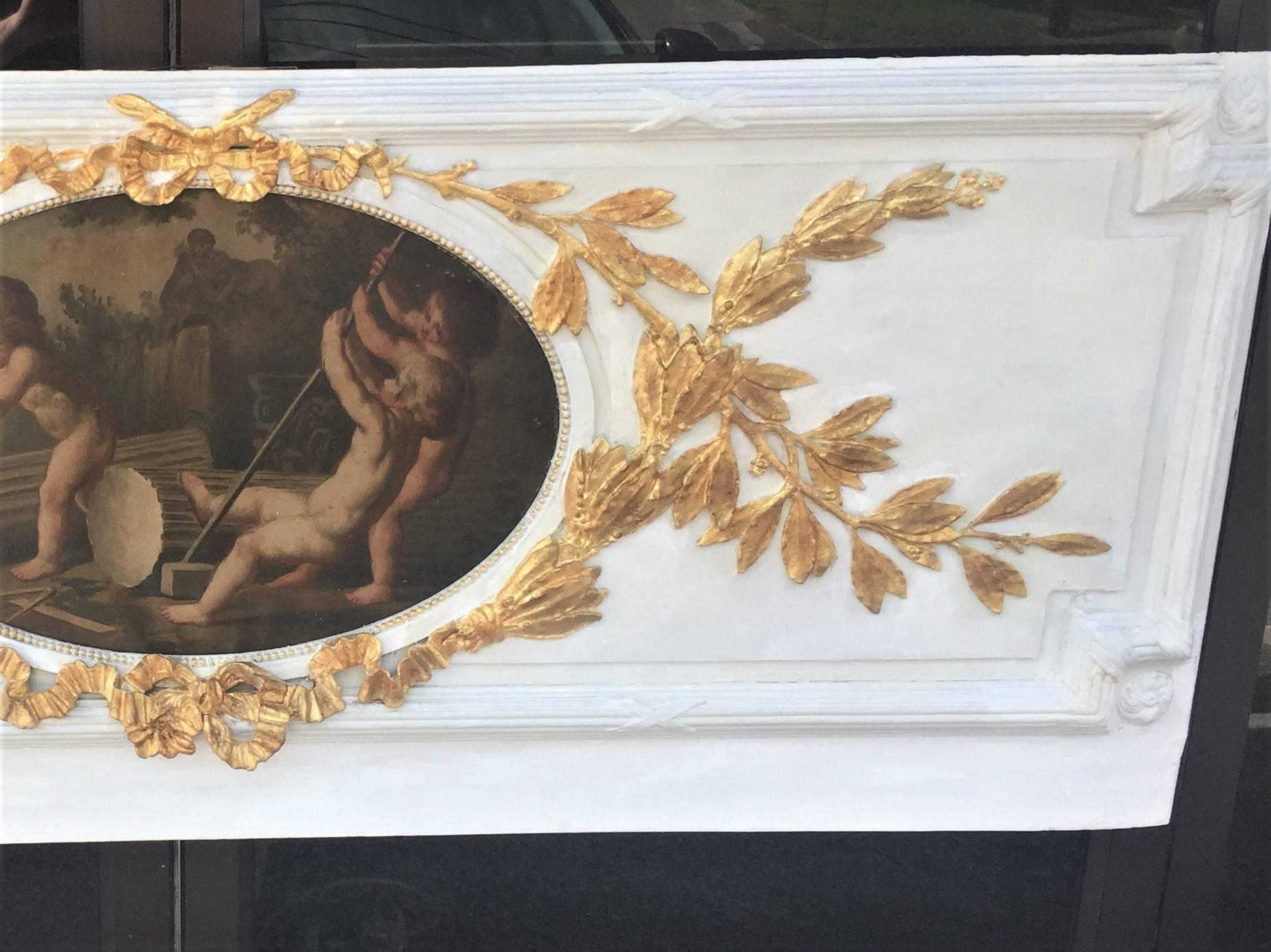 Louis XVI Carved Giltwood and Painted Boiserie Overdoor Frieze Panel with Cherubs Inset
