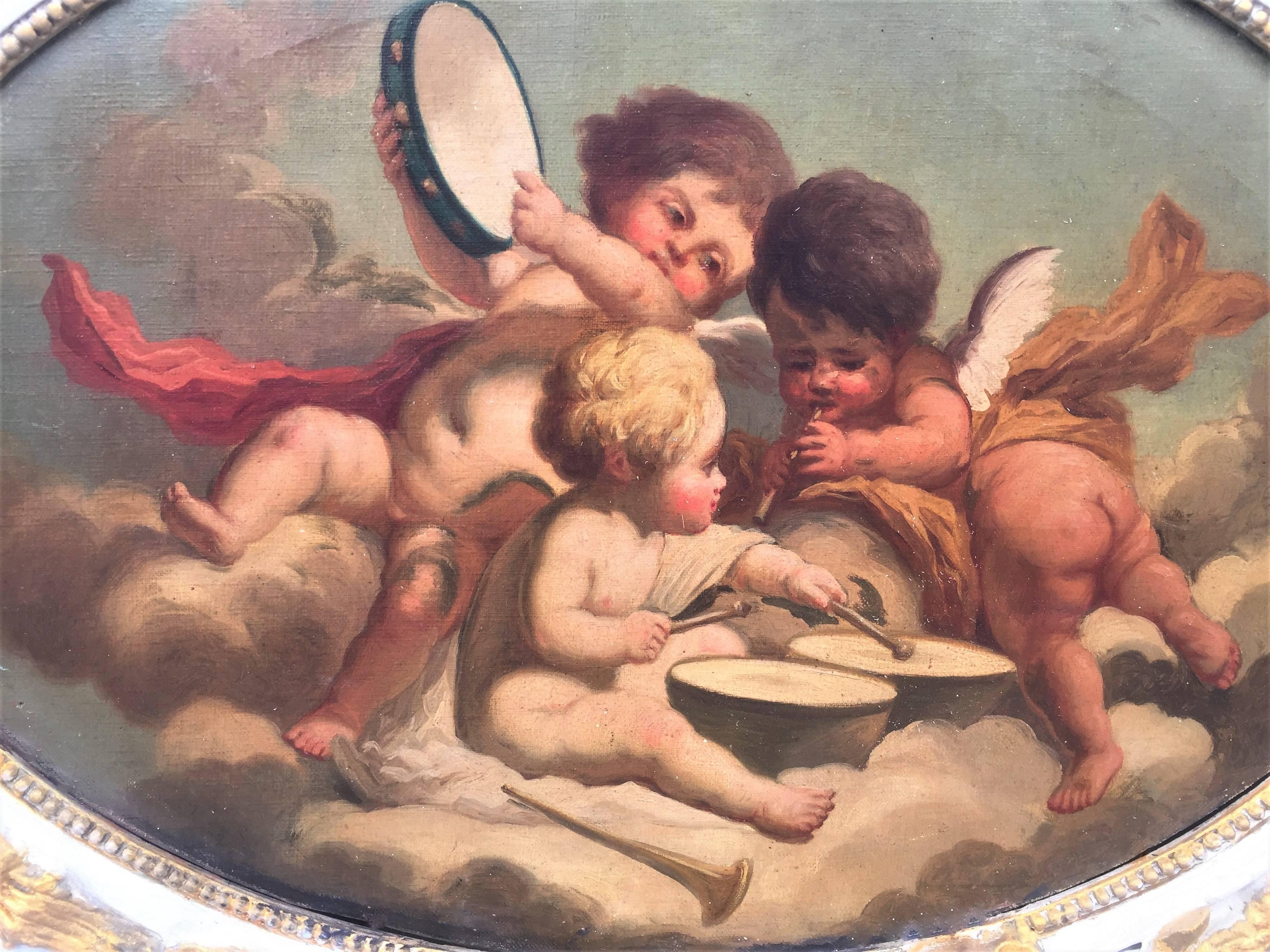 French Carved Giltwood and Painted Boiserie Overdoor Frieze Panel with Cherubs Inset
