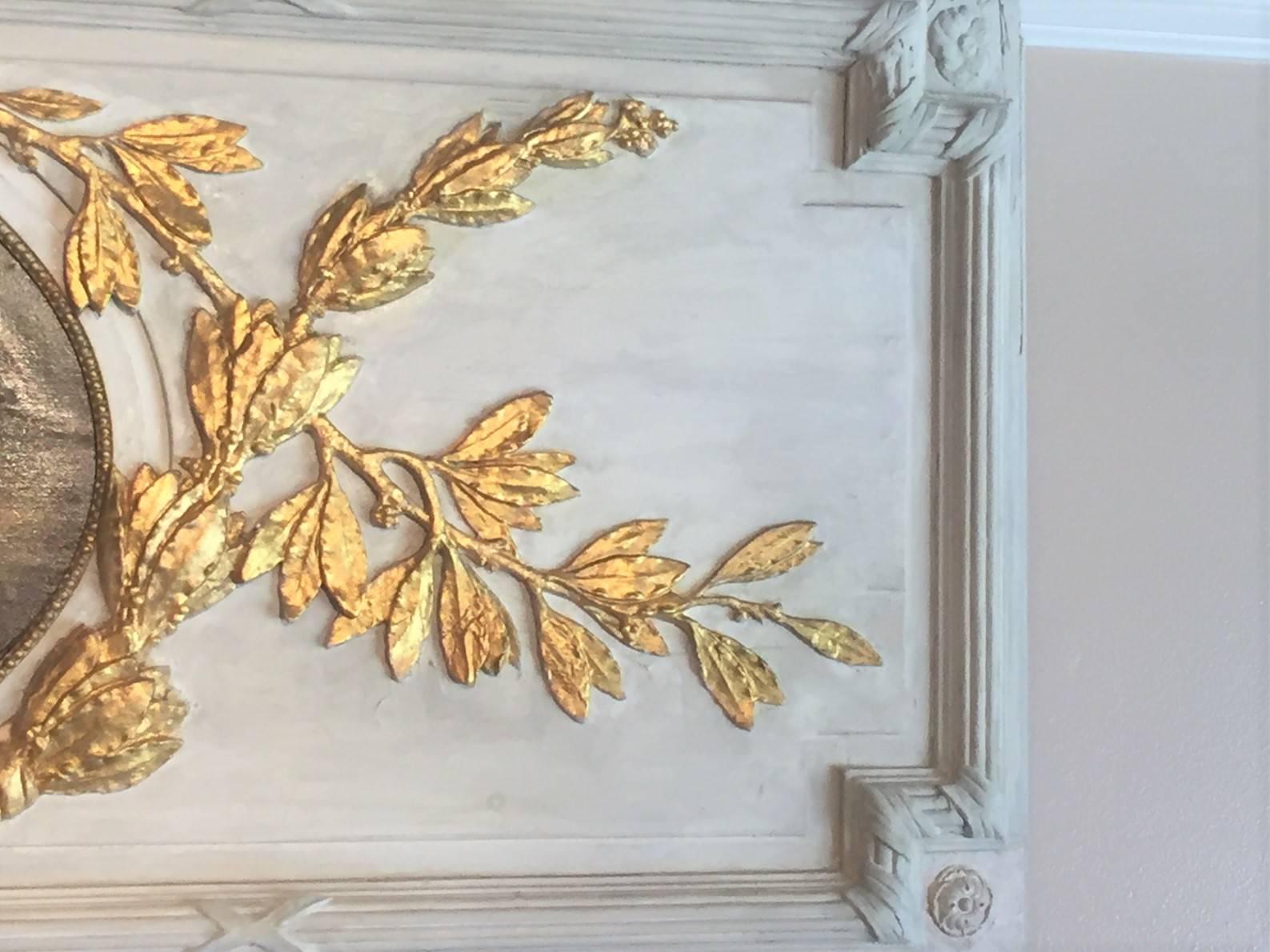 Wood Carved Giltwood and Painted Boiserie Overdoor Frieze Panel with Cherubs Inset