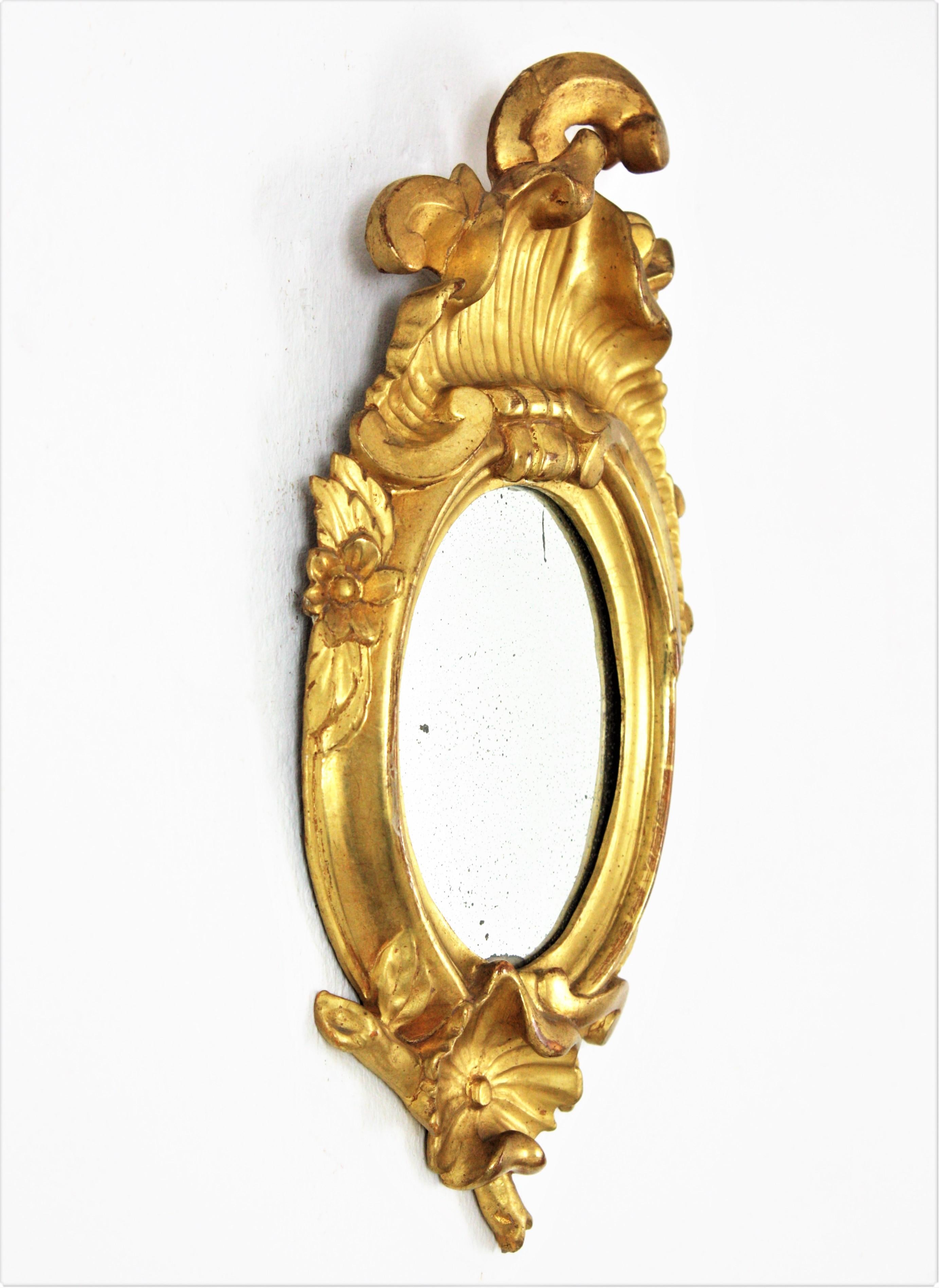 Hand-Crafted Carved Giltwood Art Nouveau Mirror in Small Scale For Sale