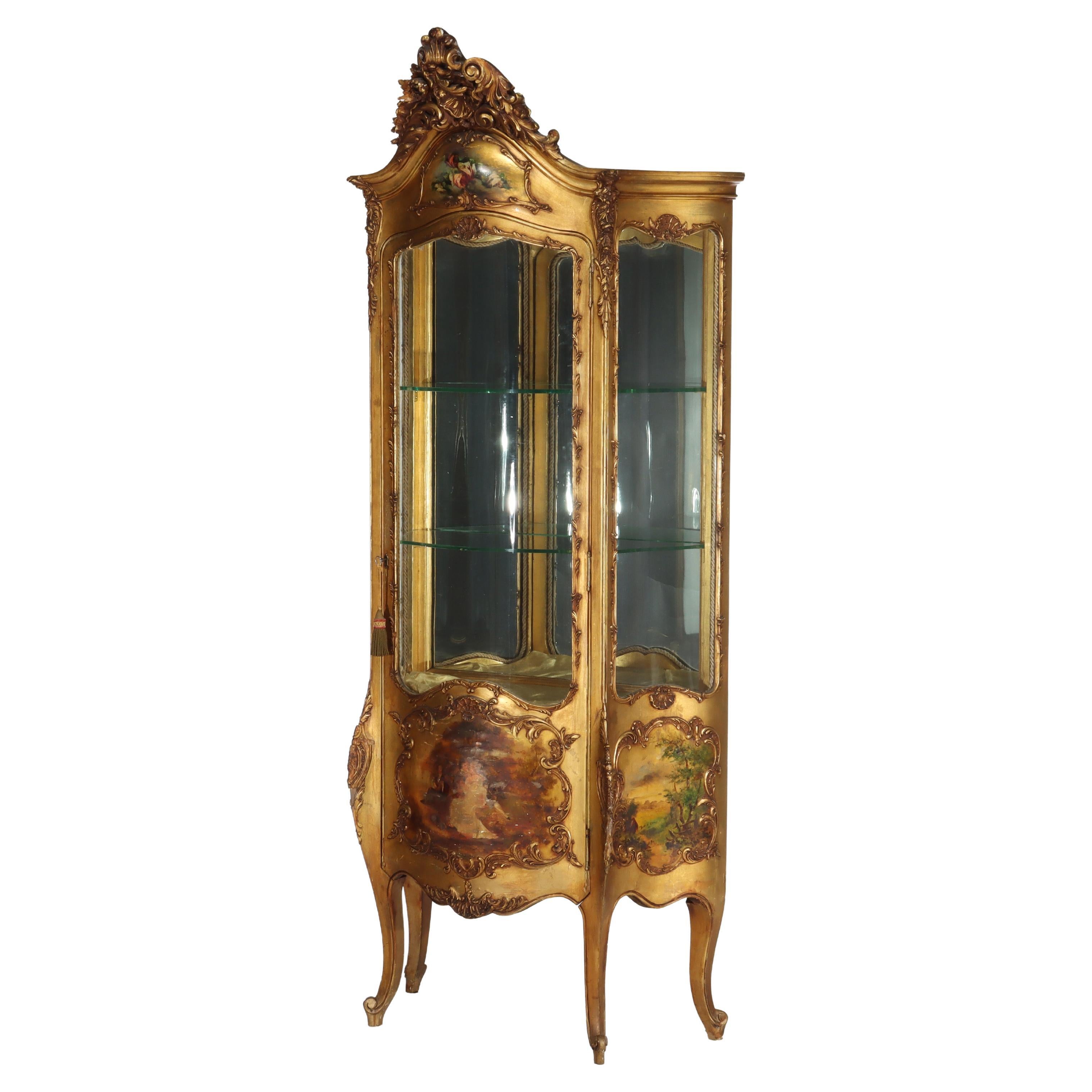 Carved Giltwood Bombay Serpentine Vitrine With Verdis Martin Panels c1890