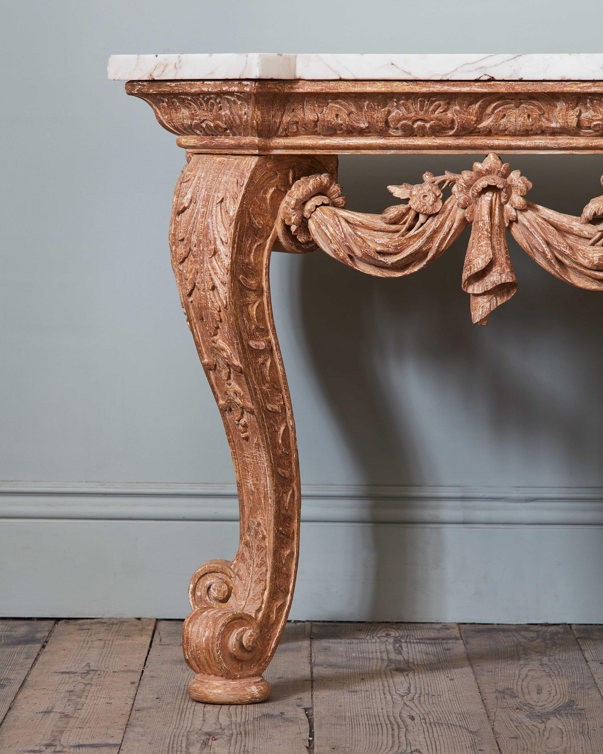 Carved Giltwood Console Table, in the Manner of Kent, Mid 18th Century For Sale 1