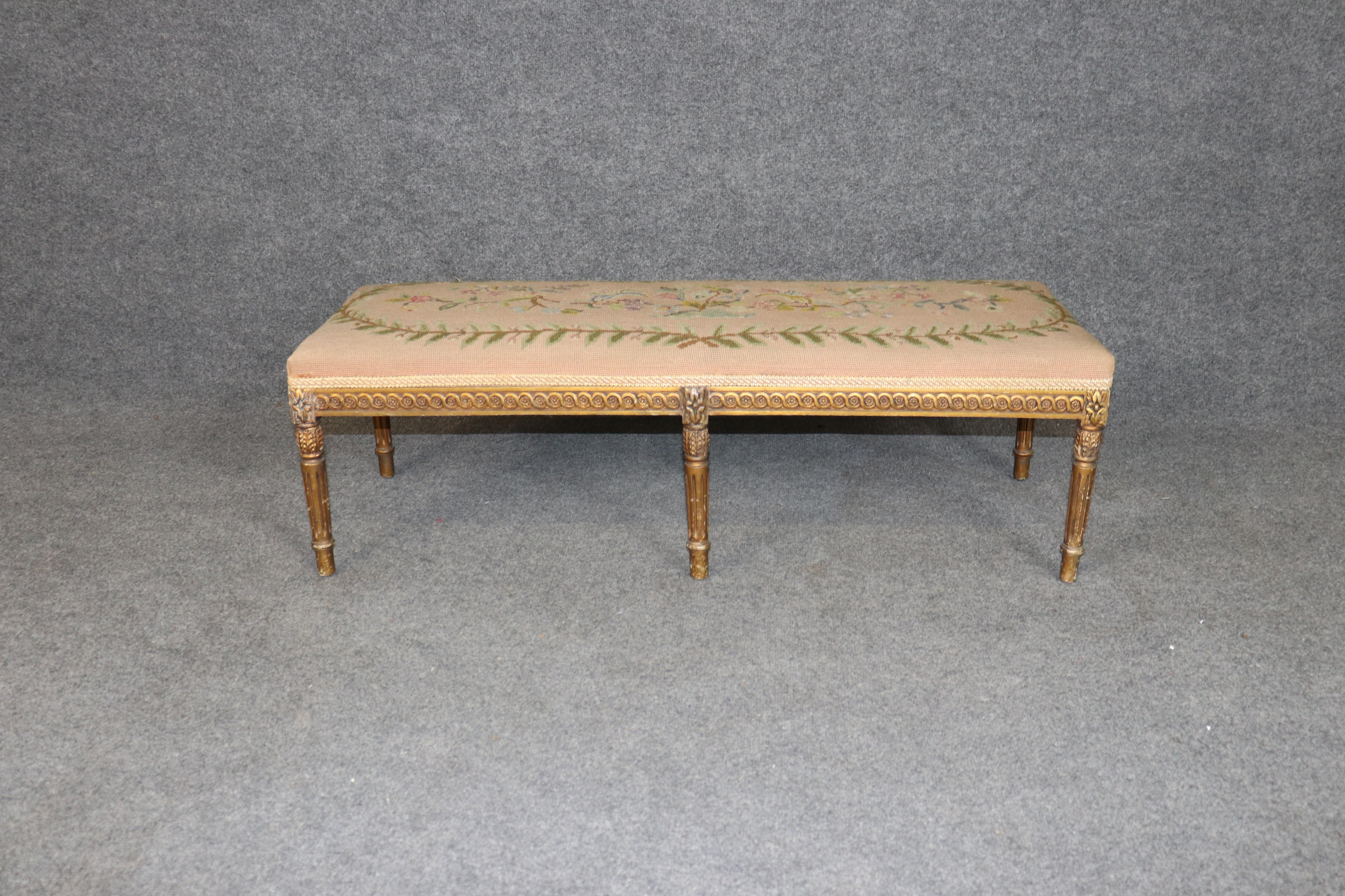 Carved Giltwood French Louis XVI Petit Point and Needlepoint Window Bench In Good Condition For Sale In Swedesboro, NJ