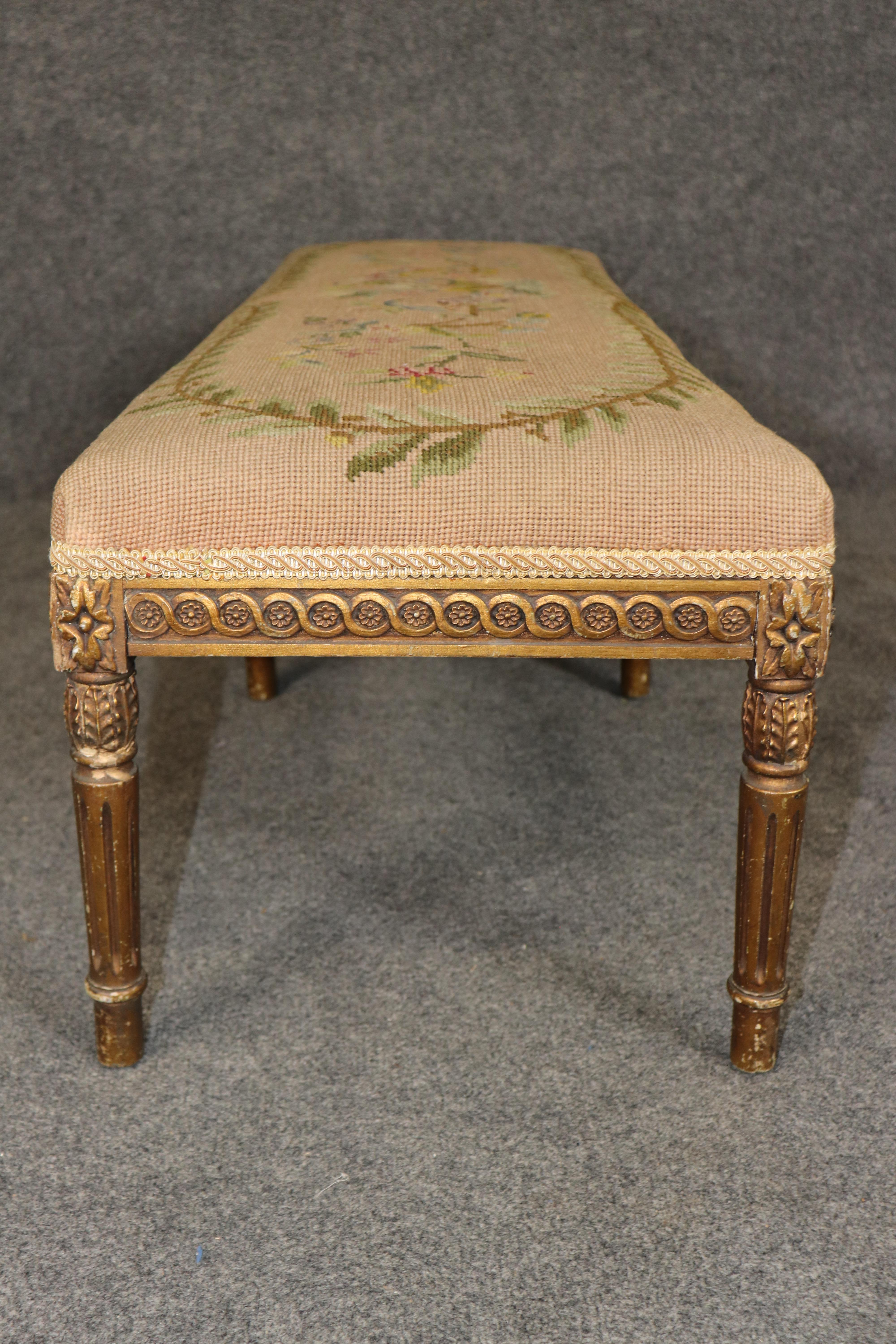Early 20th Century Carved Giltwood French Louis XVI Petit Point and Needlepoint Window Bench For Sale