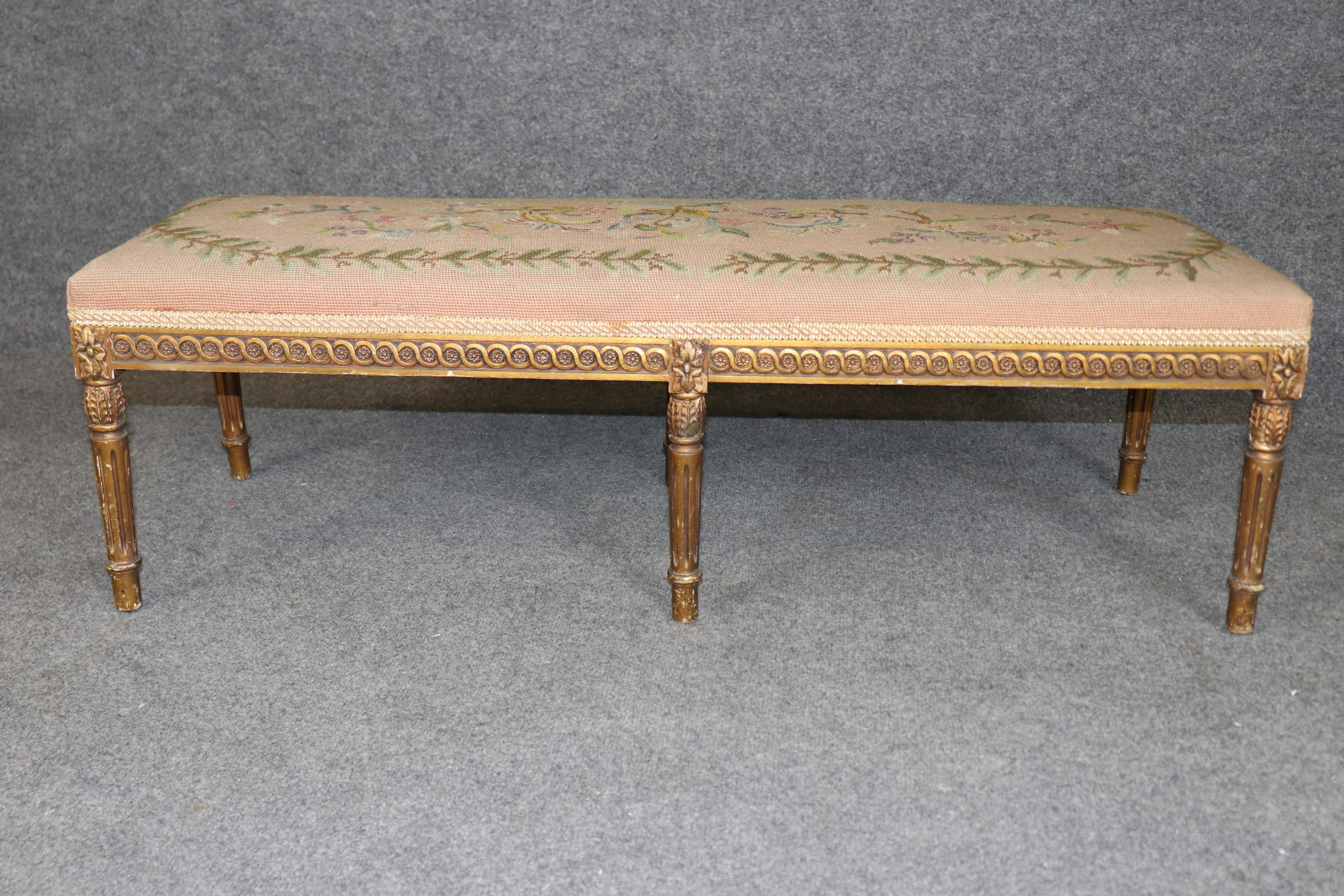 Walnut Carved Giltwood French Louis XVI Petit Point and Needlepoint Window Bench For Sale