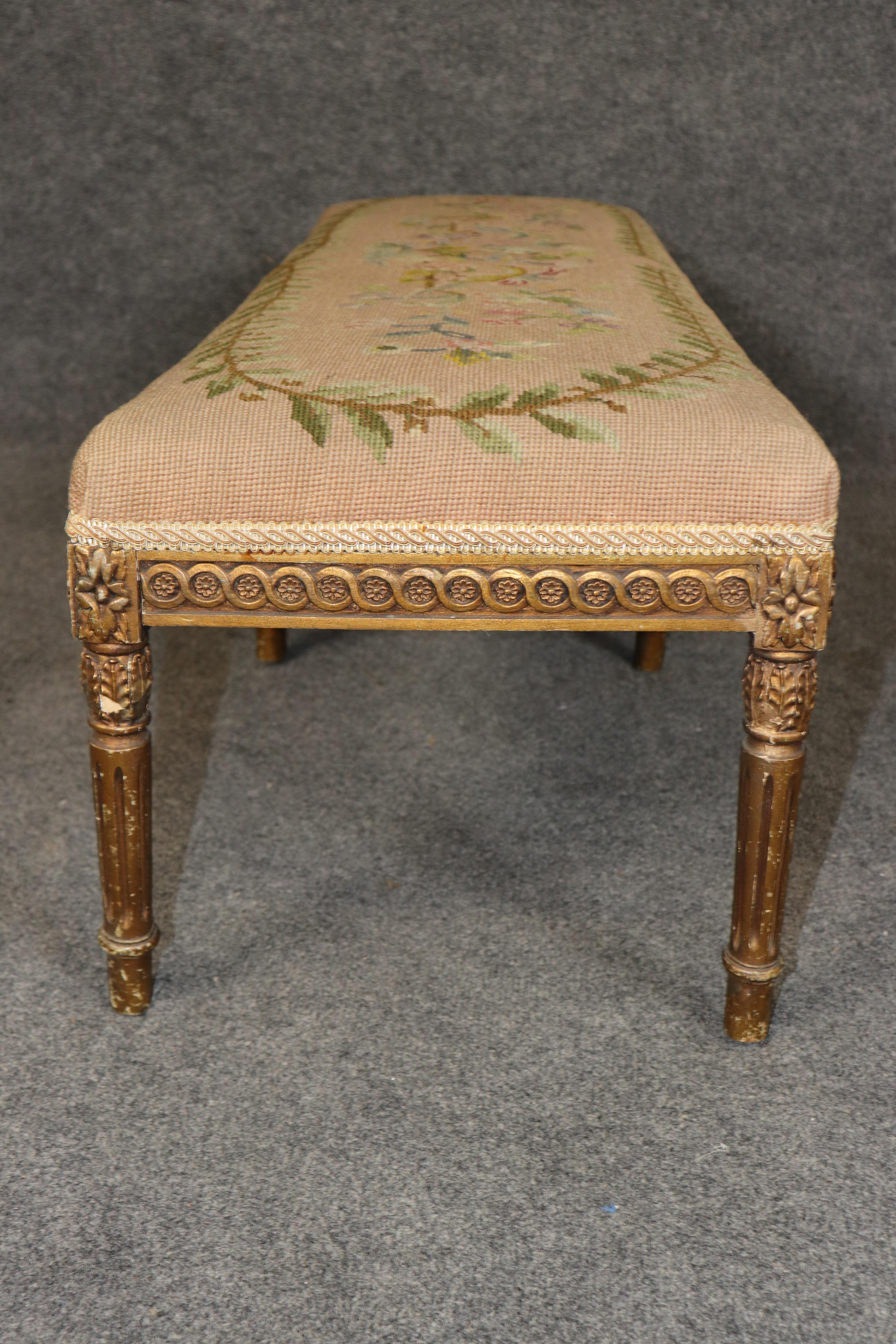 Carved Giltwood French Louis XVI Petit Point and Needlepoint Window Bench For Sale 1