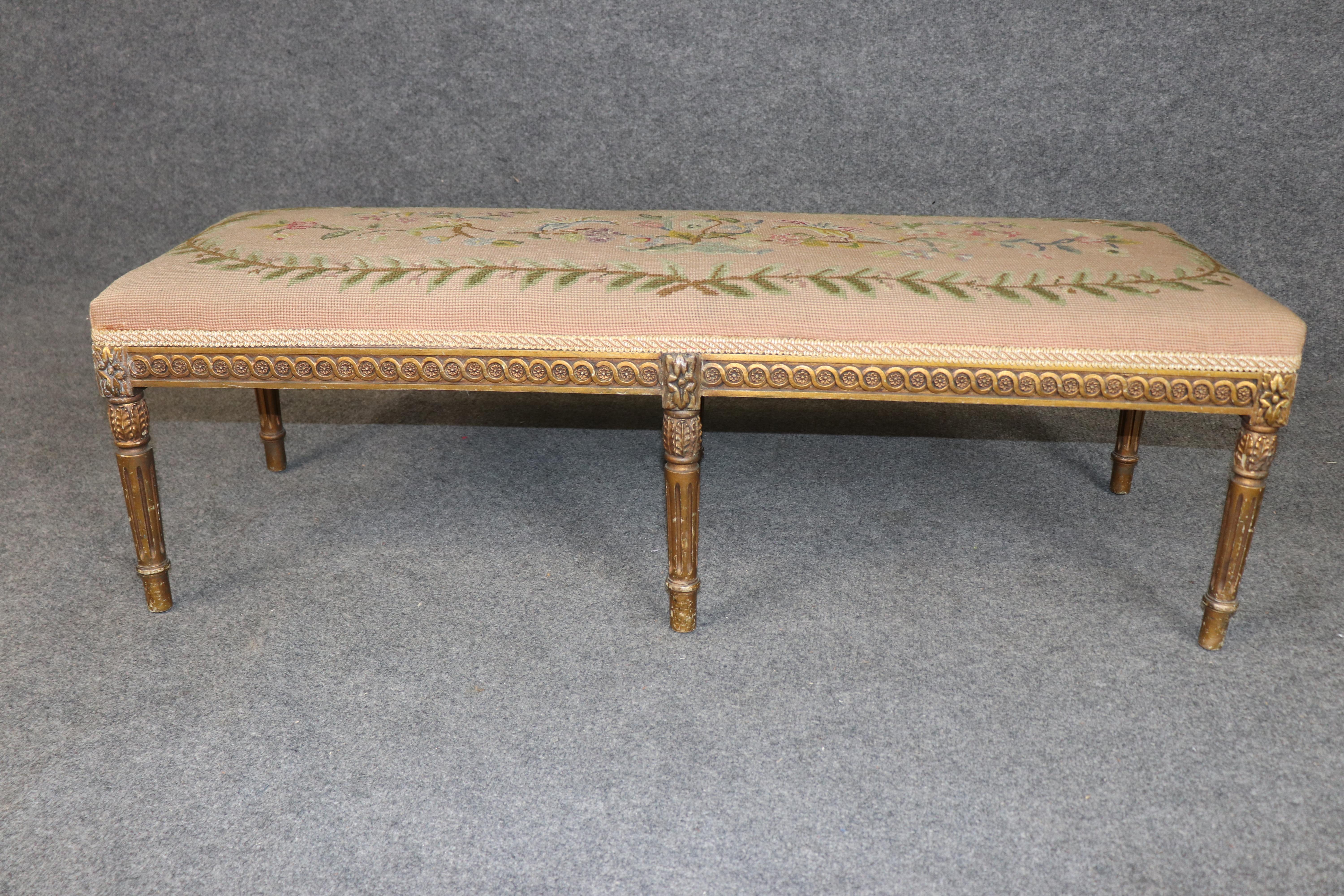Carved Giltwood French Louis XVI Petit Point and Needlepoint Window Bench For Sale 2