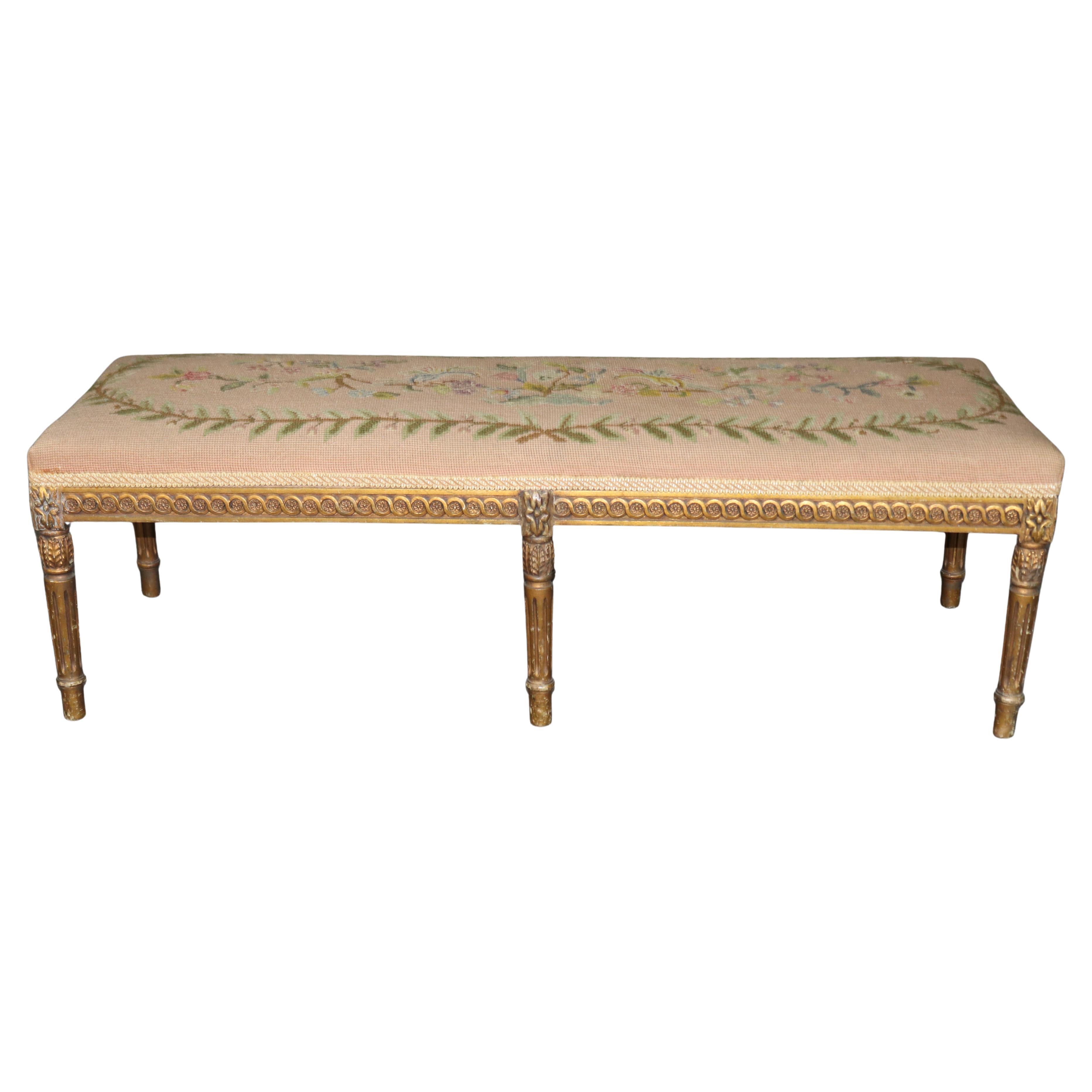 Carved Giltwood French Louis XVI Petit Point and Needlepoint Window Bench For Sale