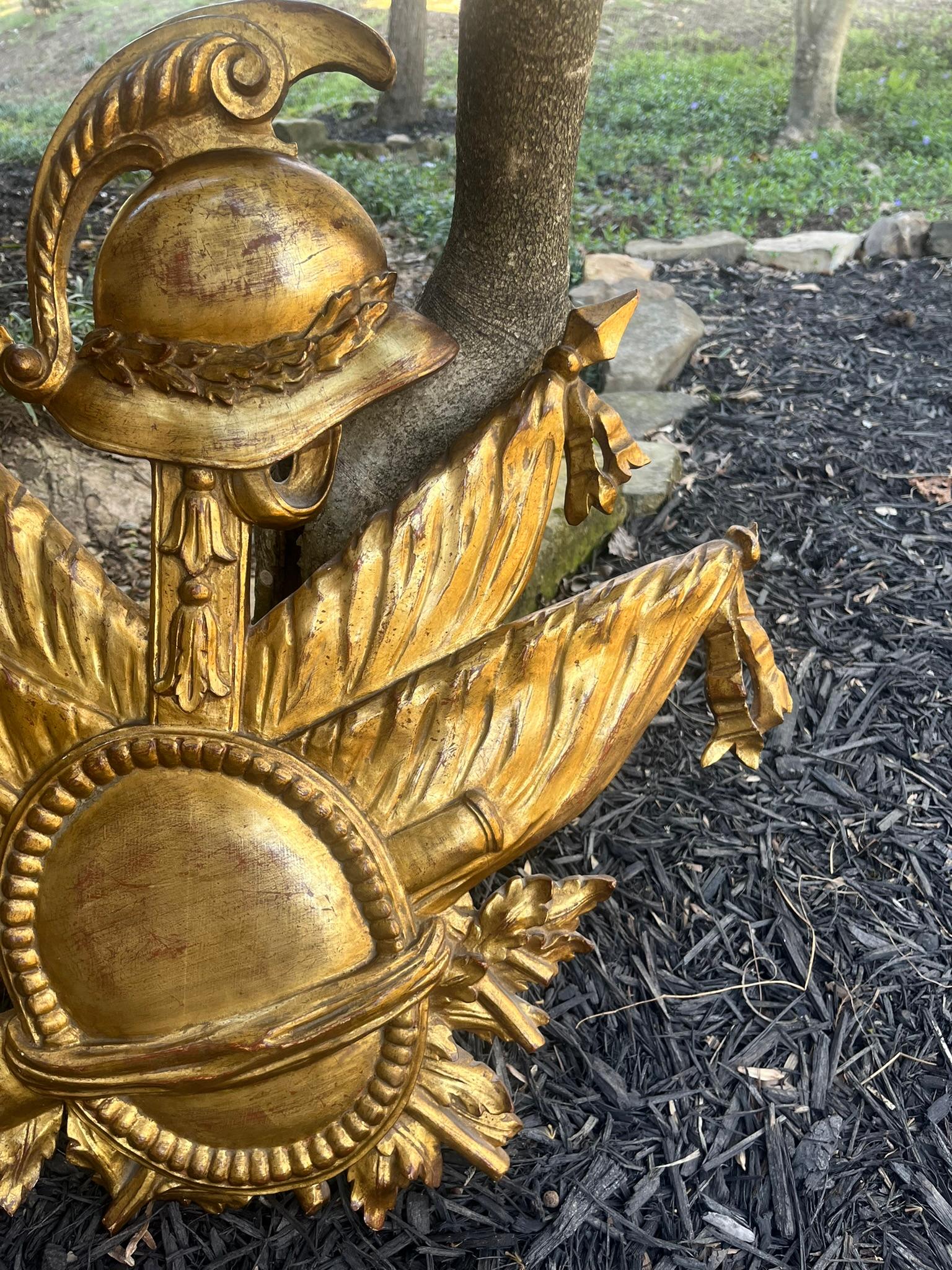 Carved Giltwood Grand Tour Style Military Wall Trophy  In Distressed Condition For Sale In Nashville, TN