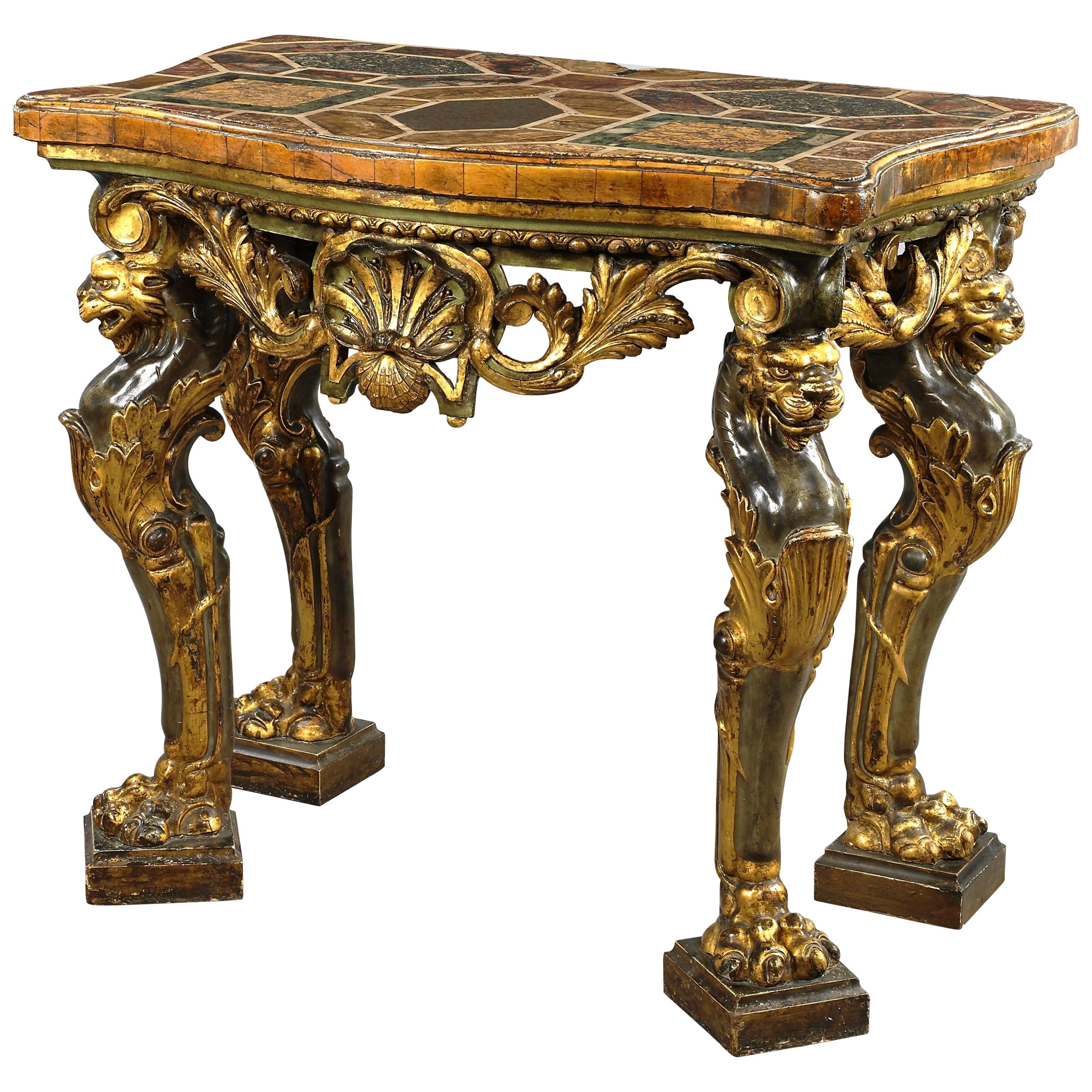 Carved Giltwood Italian Console Table, Made of Inlays of Marbles 19th Century im Angebot