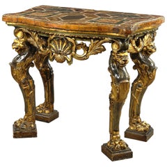 Carved Giltwood Italian Console Table, Made of Inlays of Marbles 19th Century