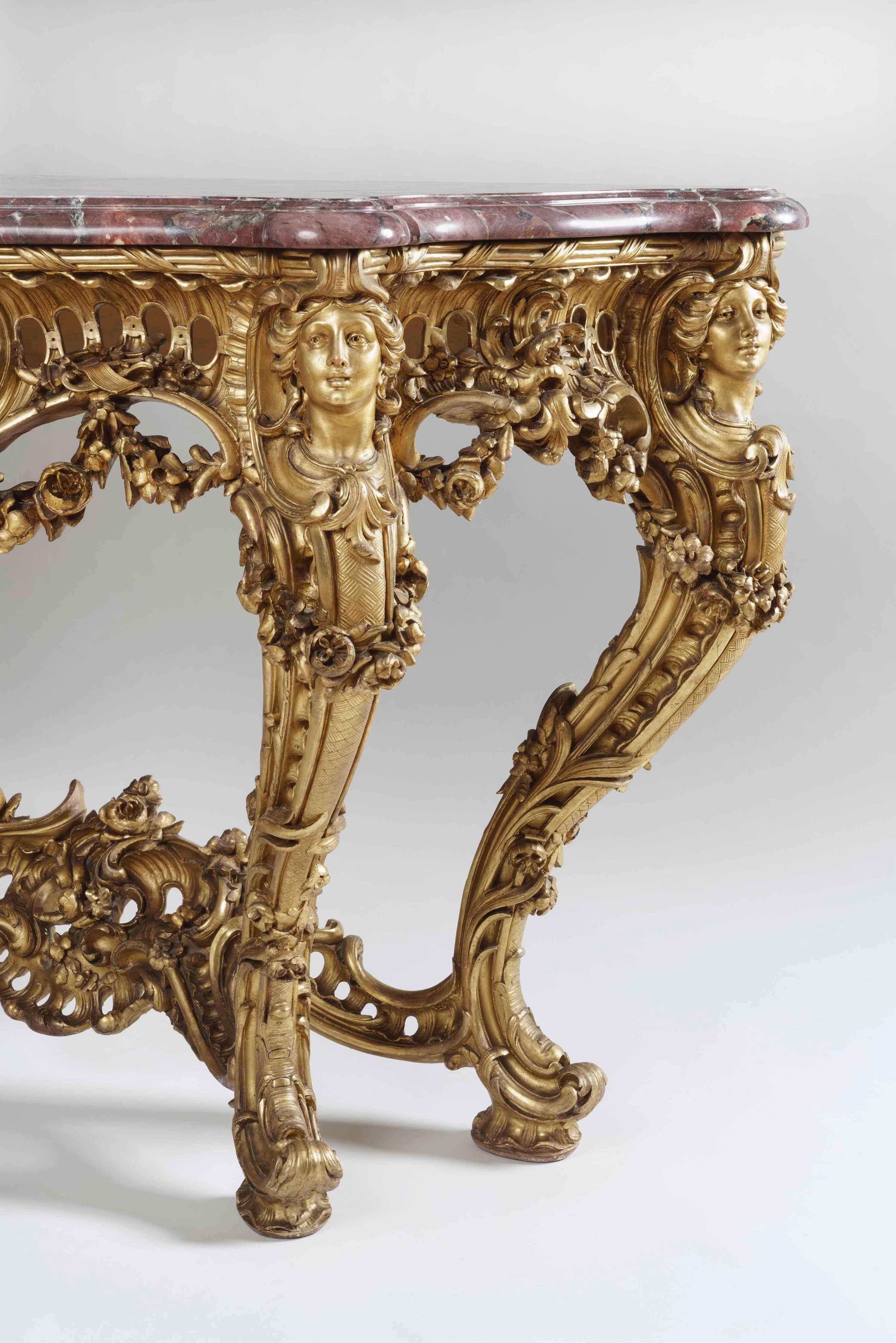 French Carved Giltwood Louis XV Style Console Table In the Manner of Nicolas Pineau For Sale