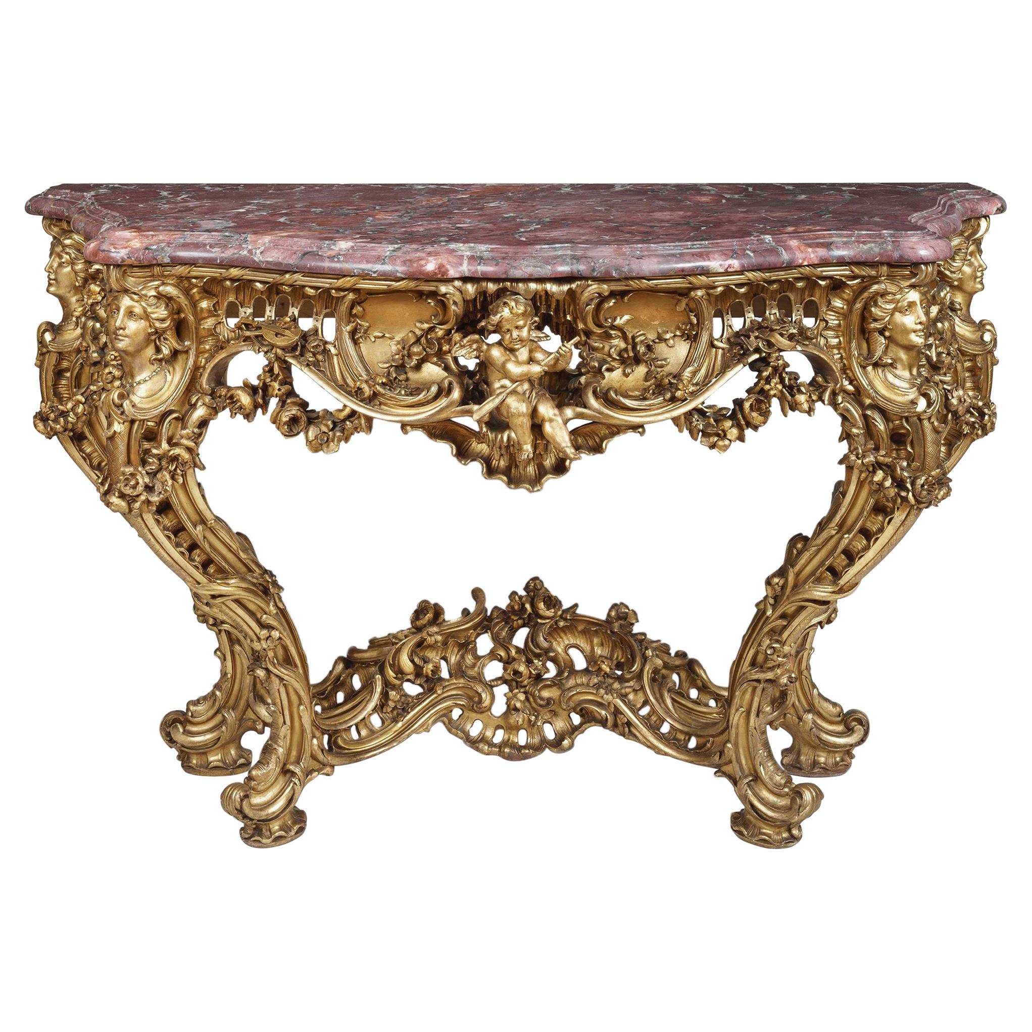 Carved Giltwood Louis XV Style Console Table In the Manner of Nicolas Pineau For Sale