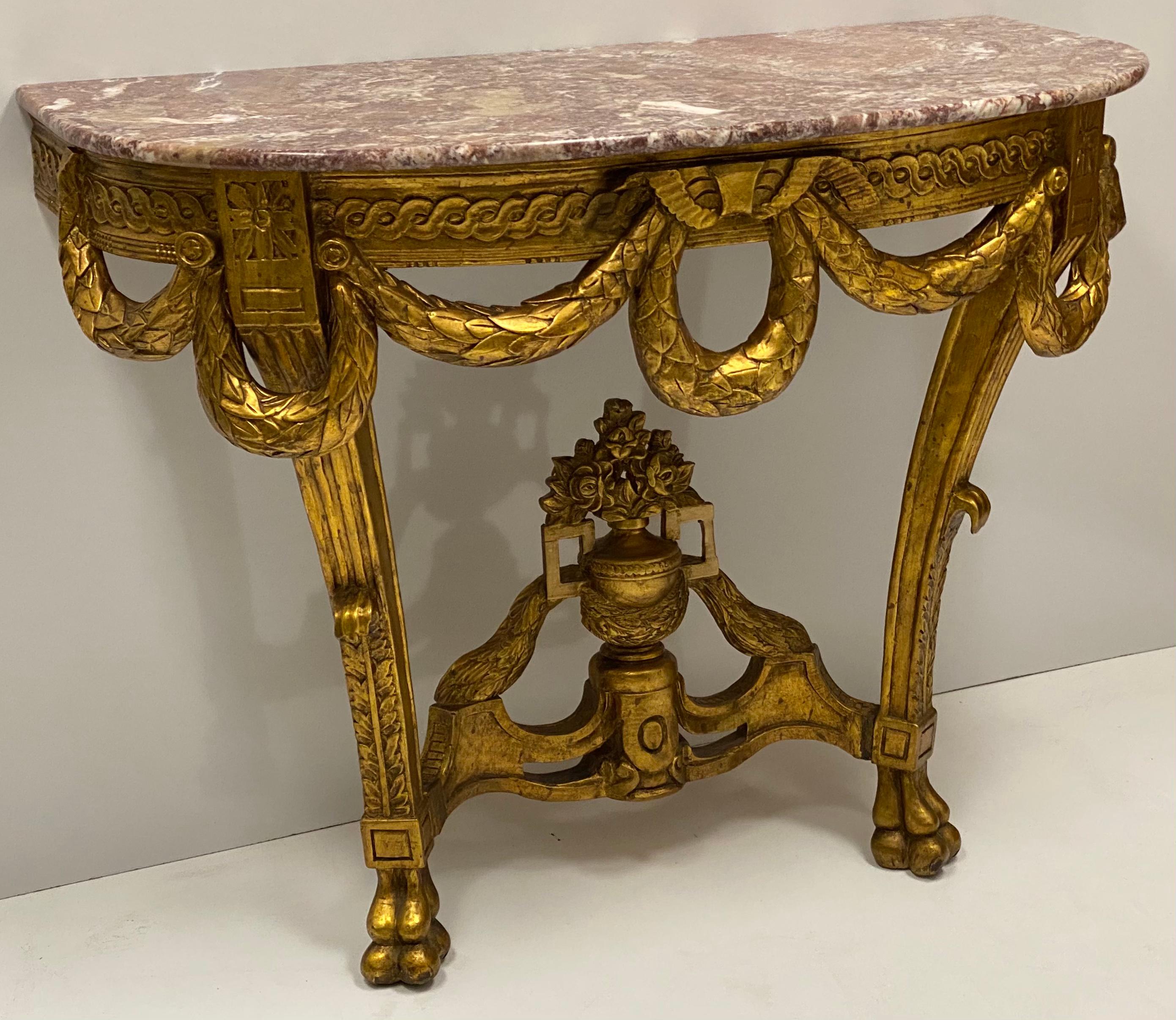 Louis XV Carved Giltwood Marble Top French Style Console Table