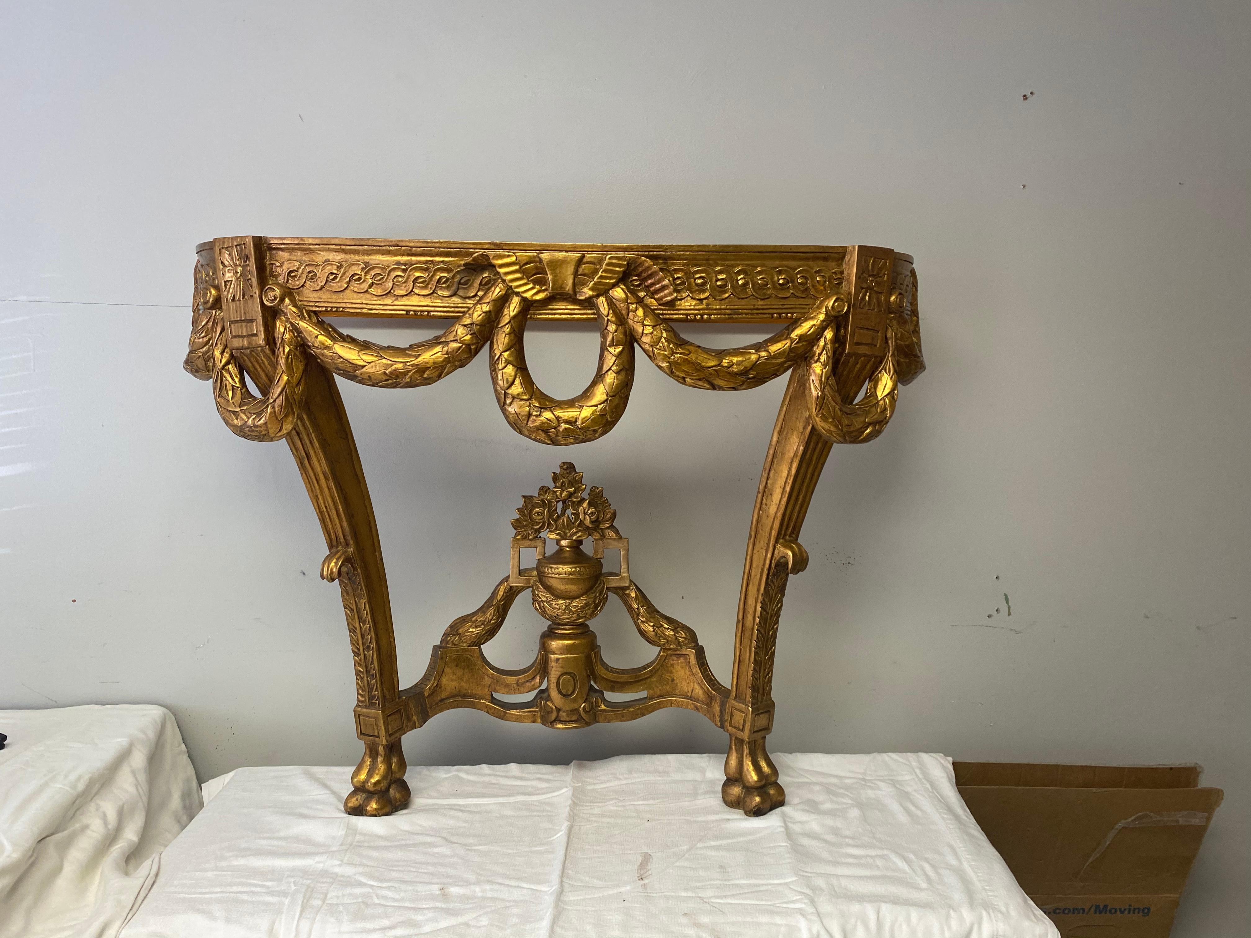 European Carved Giltwood Marble Top French Style Console Table
