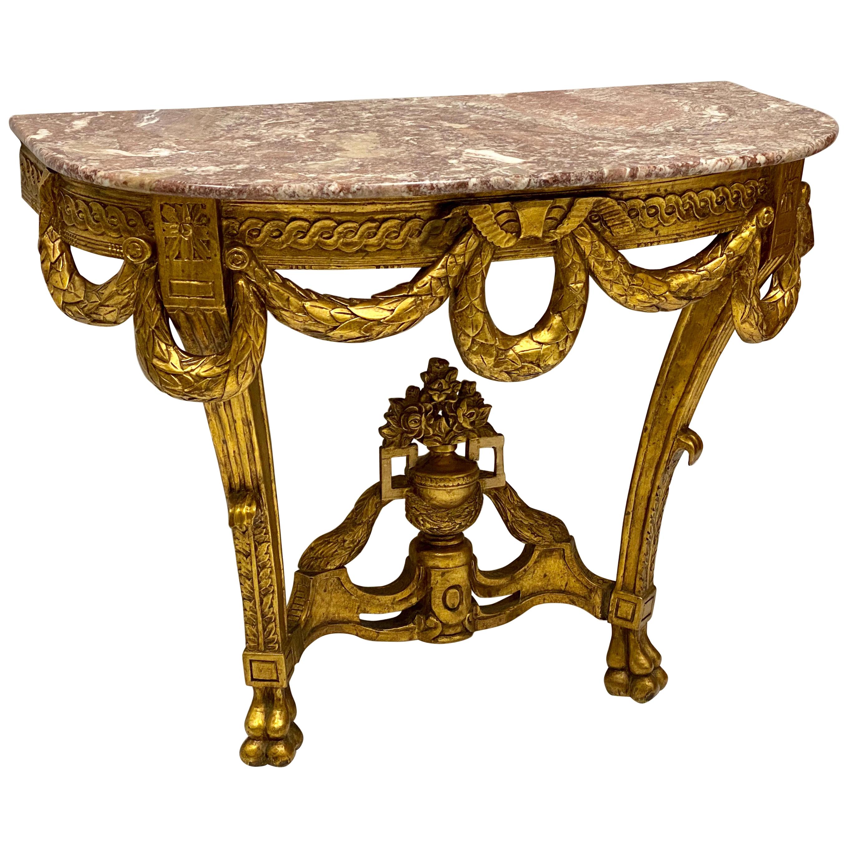 Carved Giltwood Marble Top French Style Console Table