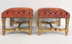 Carved Giltwood Ottomans/Benches, Embroidered Seats, Nailheads, Pair, Louis XIV
