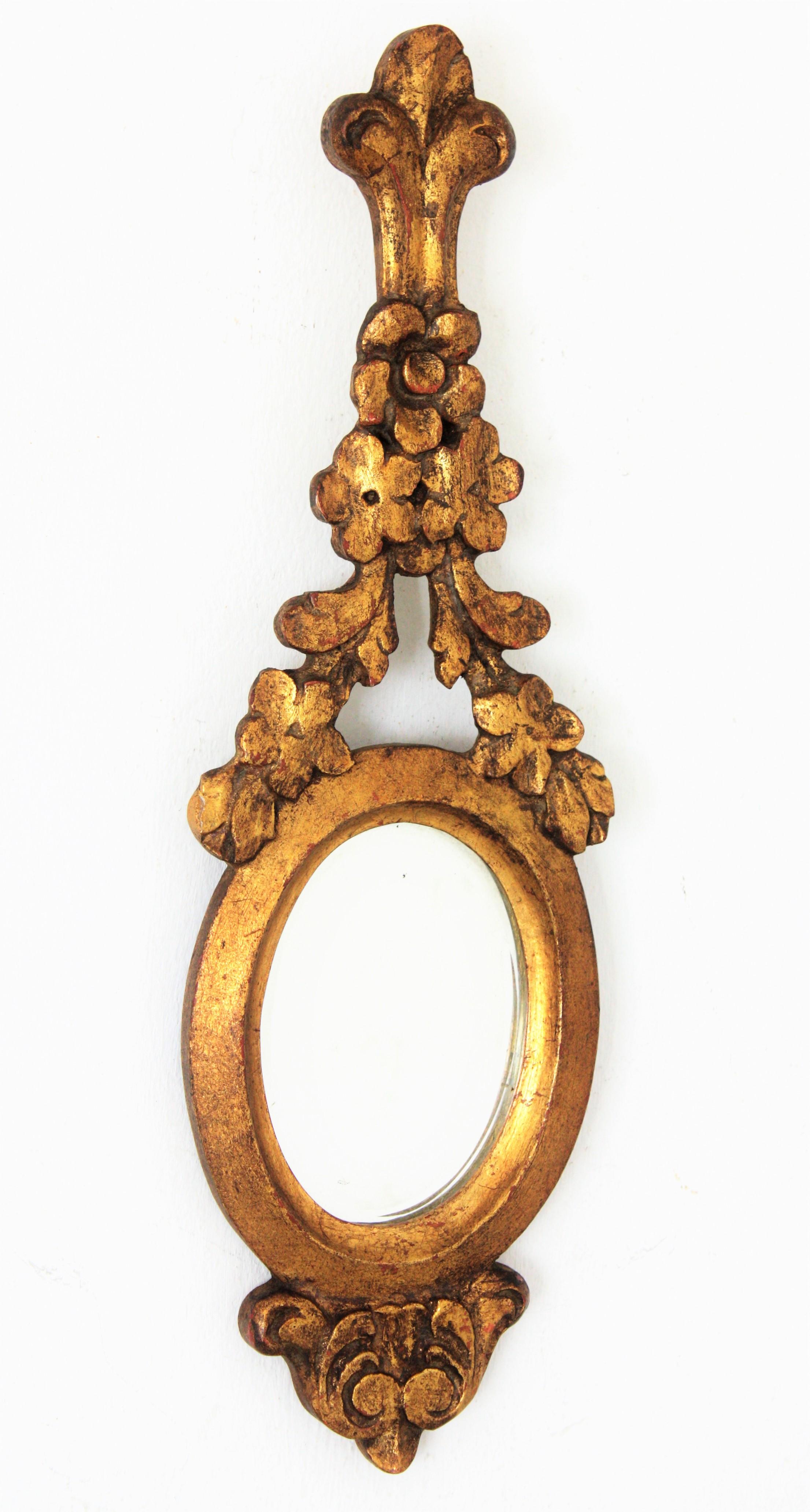 Spanish Carved Giltwood Renaissance Style Mini Sized Mirror with Crest, 1930s
