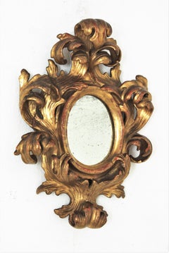 Spanish Rococo Carved Giltwood Mini Sized Mirror with Crest