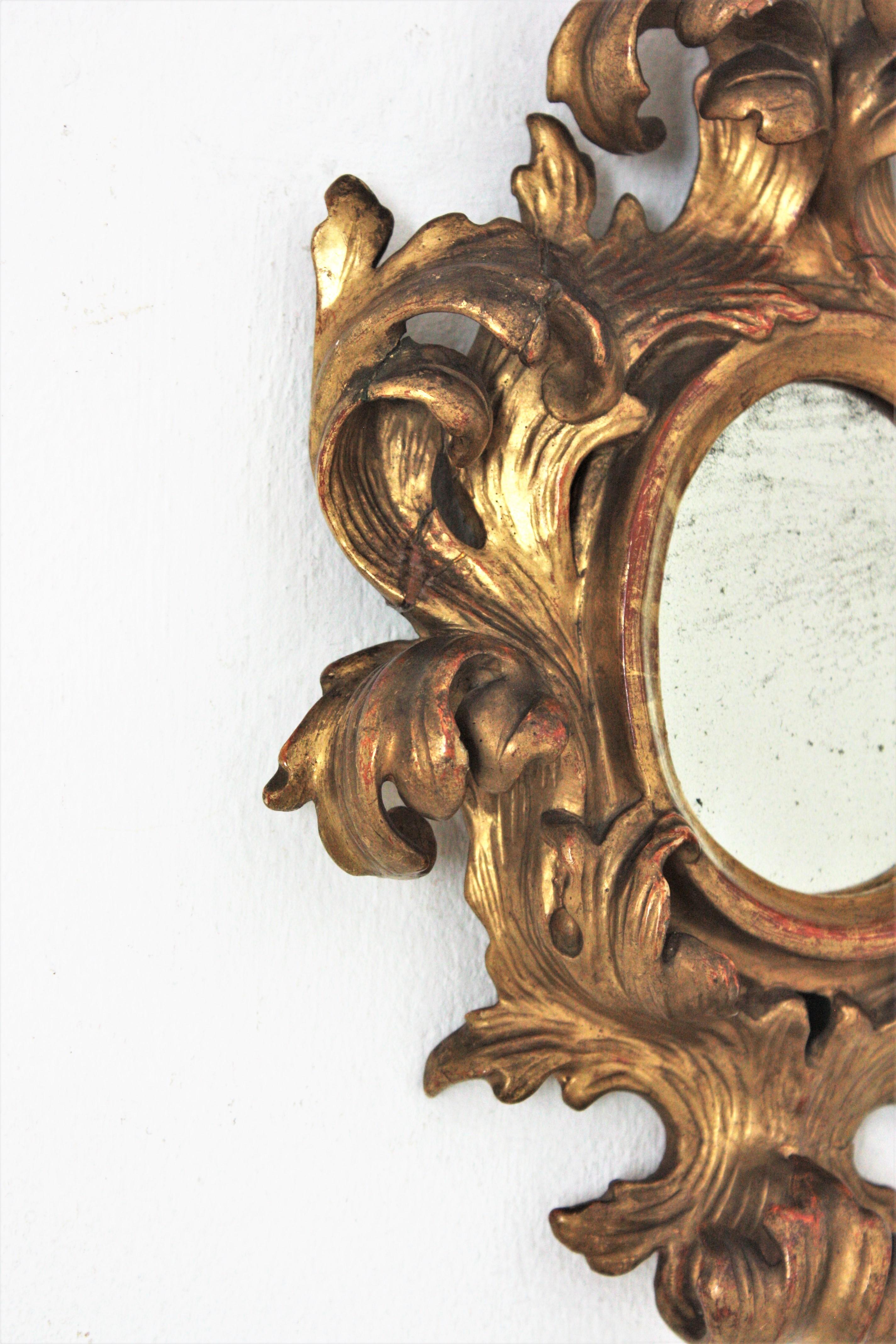 20th Century Spanish Rococo Carved Giltwood Mini Sized Mirror with Crest For Sale