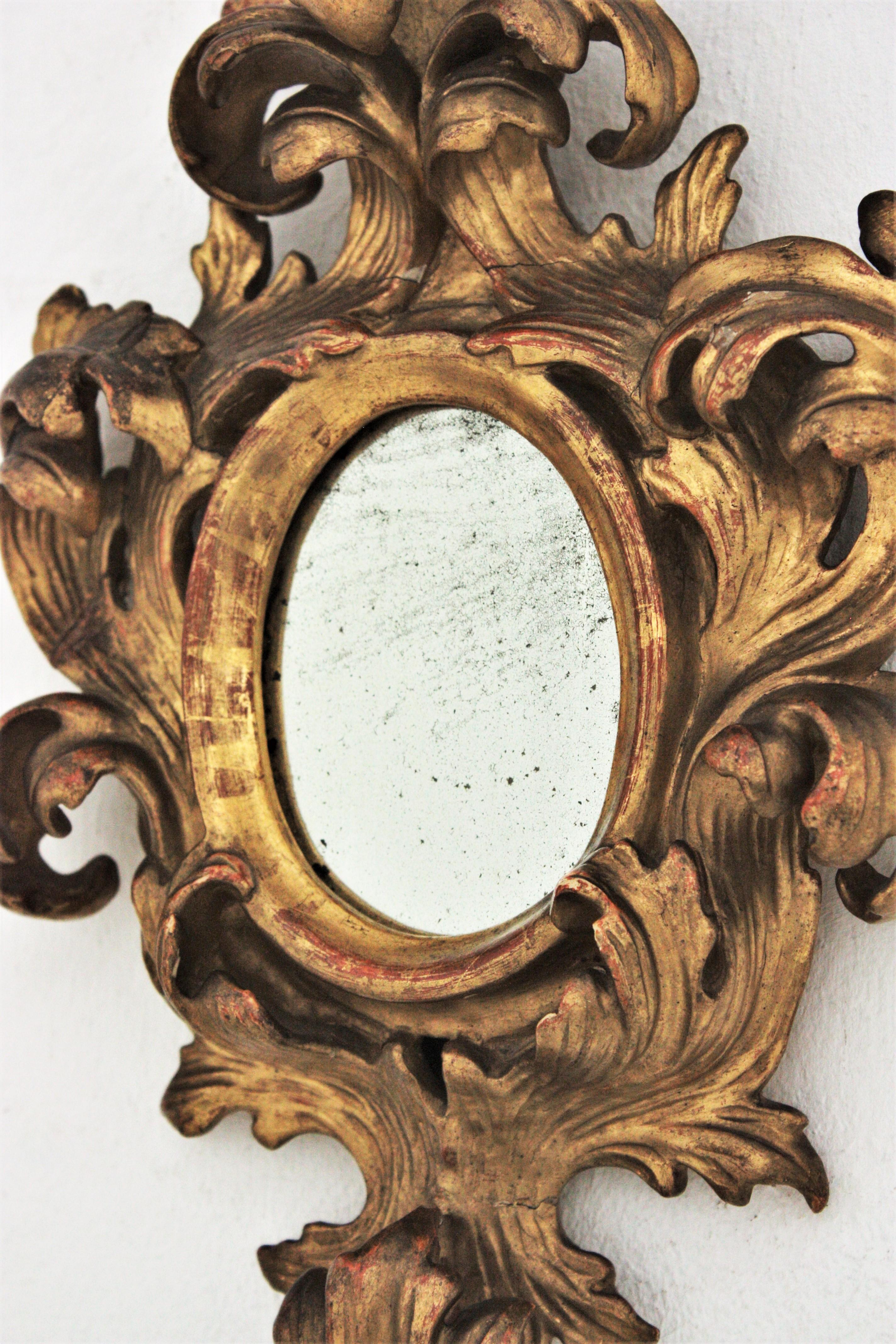 Spanish Rococo Carved Giltwood Mini Sized Mirror with Crest For Sale 2