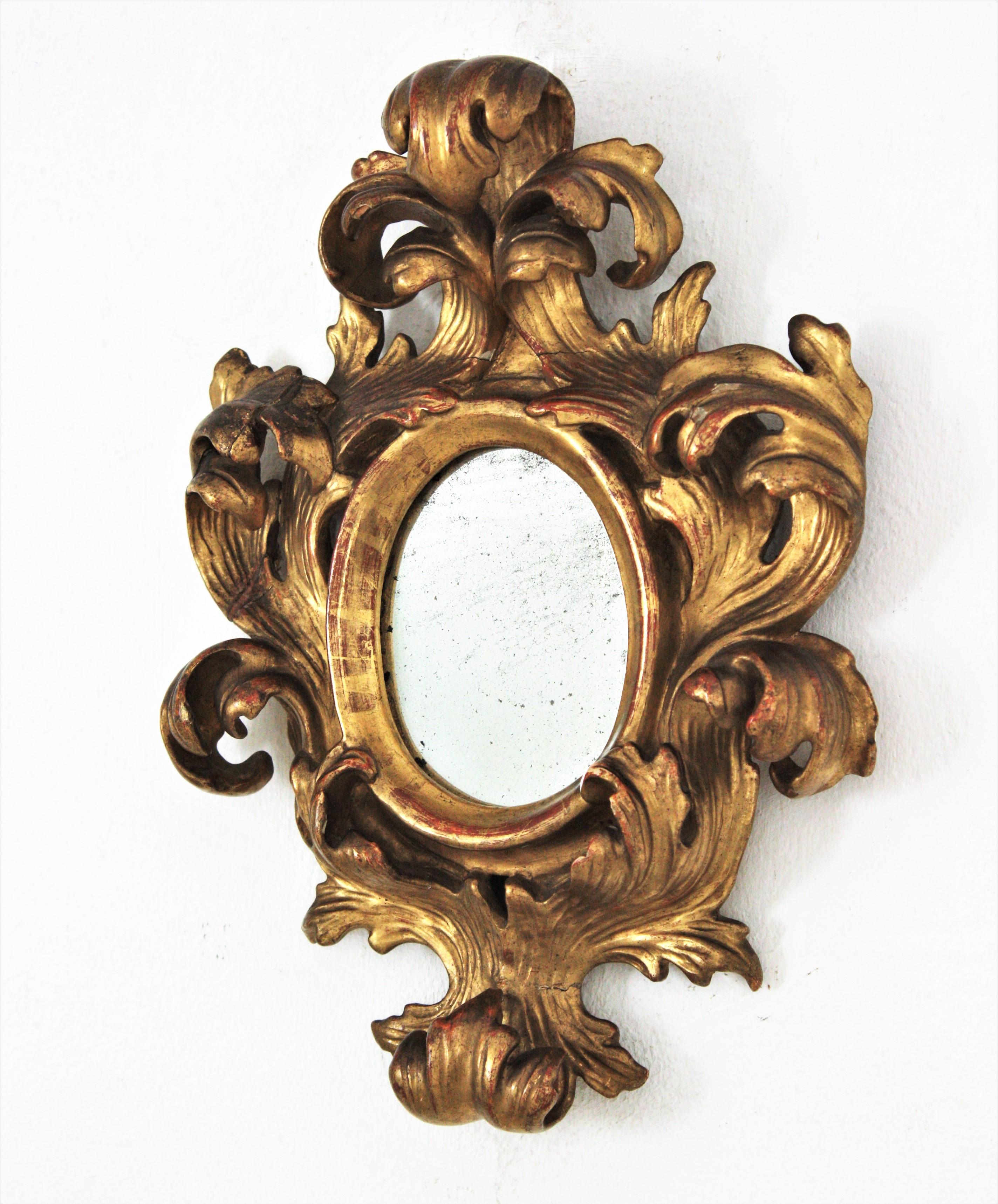 Spanish Rococo Carved Giltwood Mini Sized Mirror with Crest For Sale 3