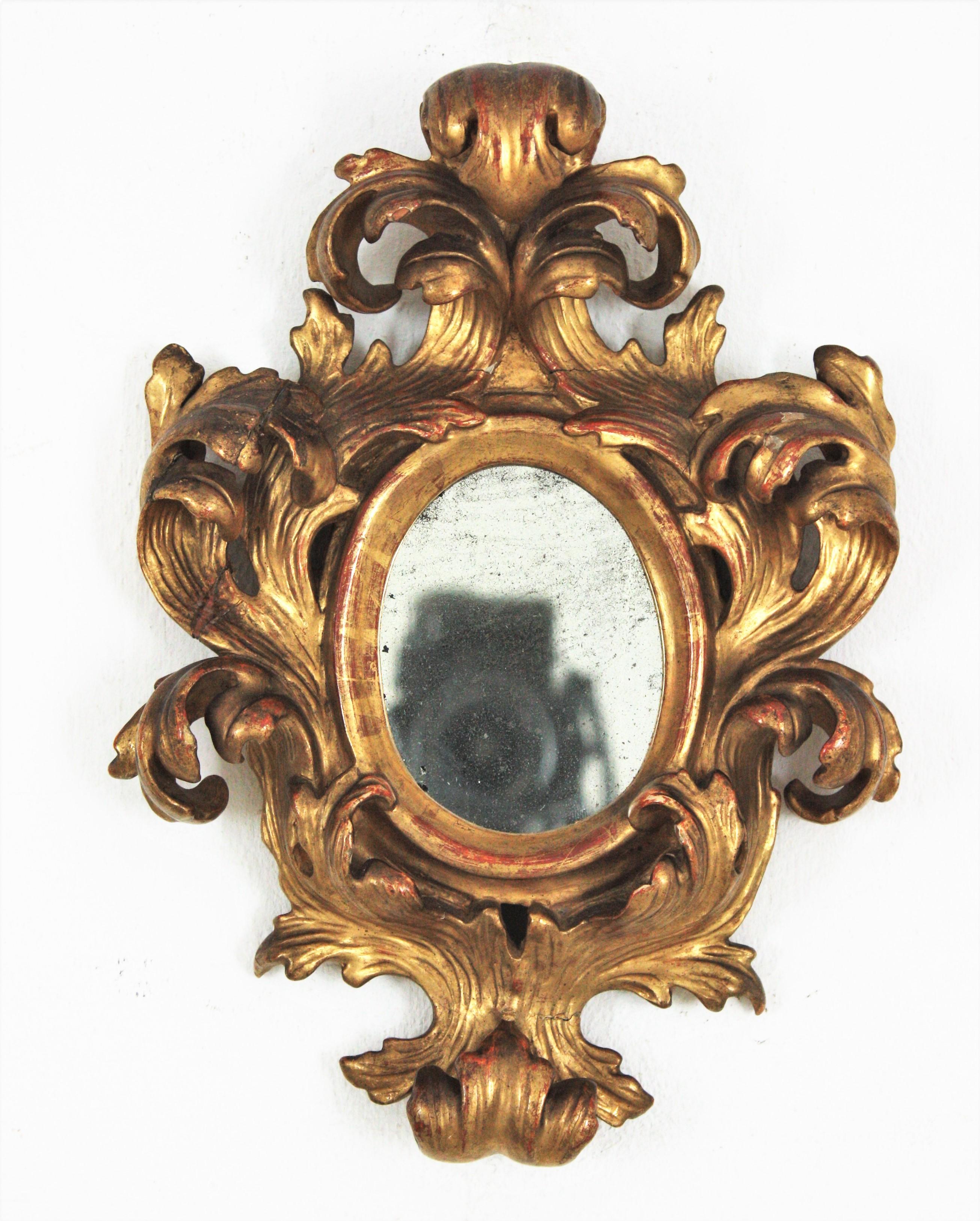 Spanish Rococo Carved Giltwood Mini Sized Mirror with Crest For Sale 3