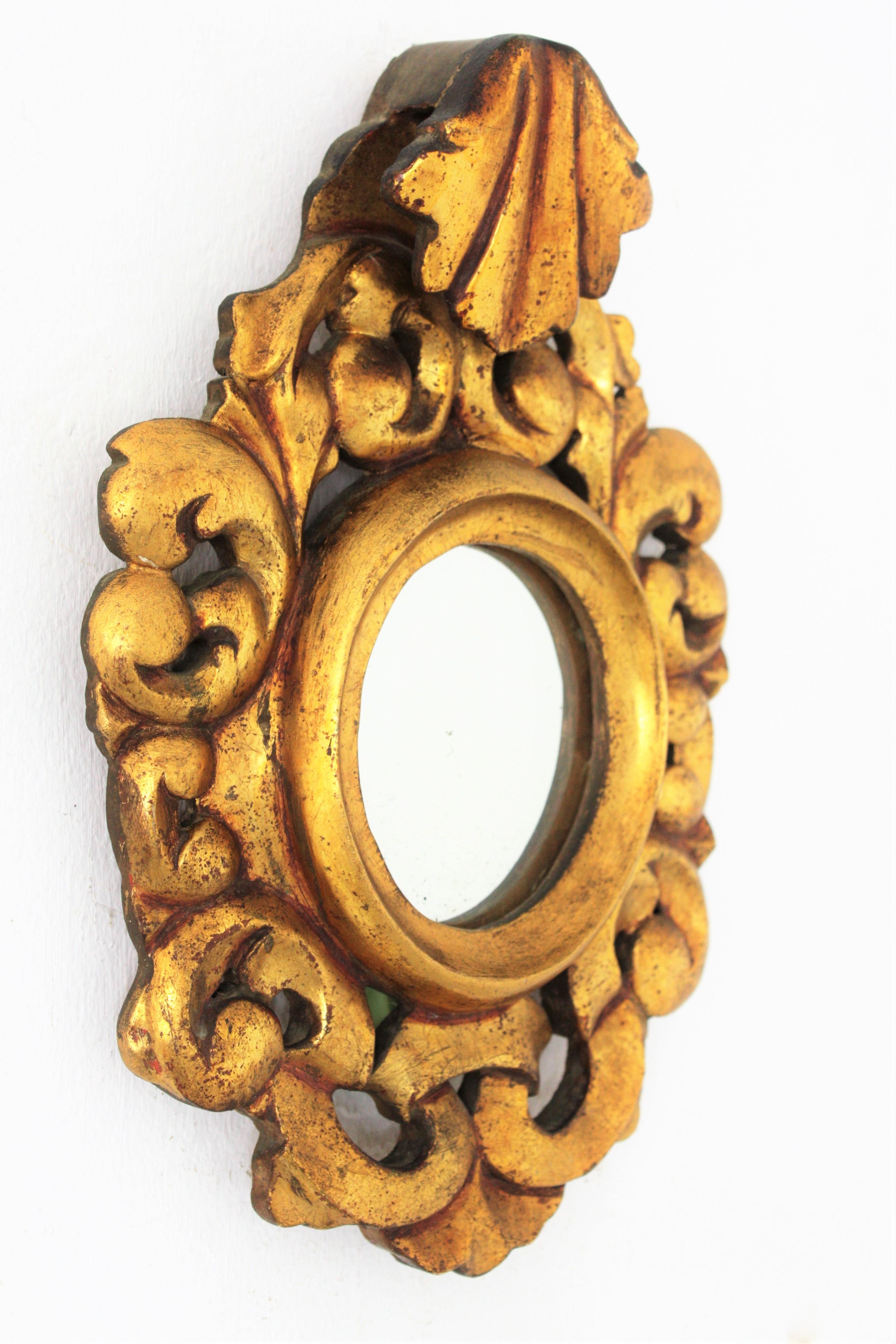 Carved Giltwood Rococo Style Mini Sized Mirror with Crest, 1940s 4