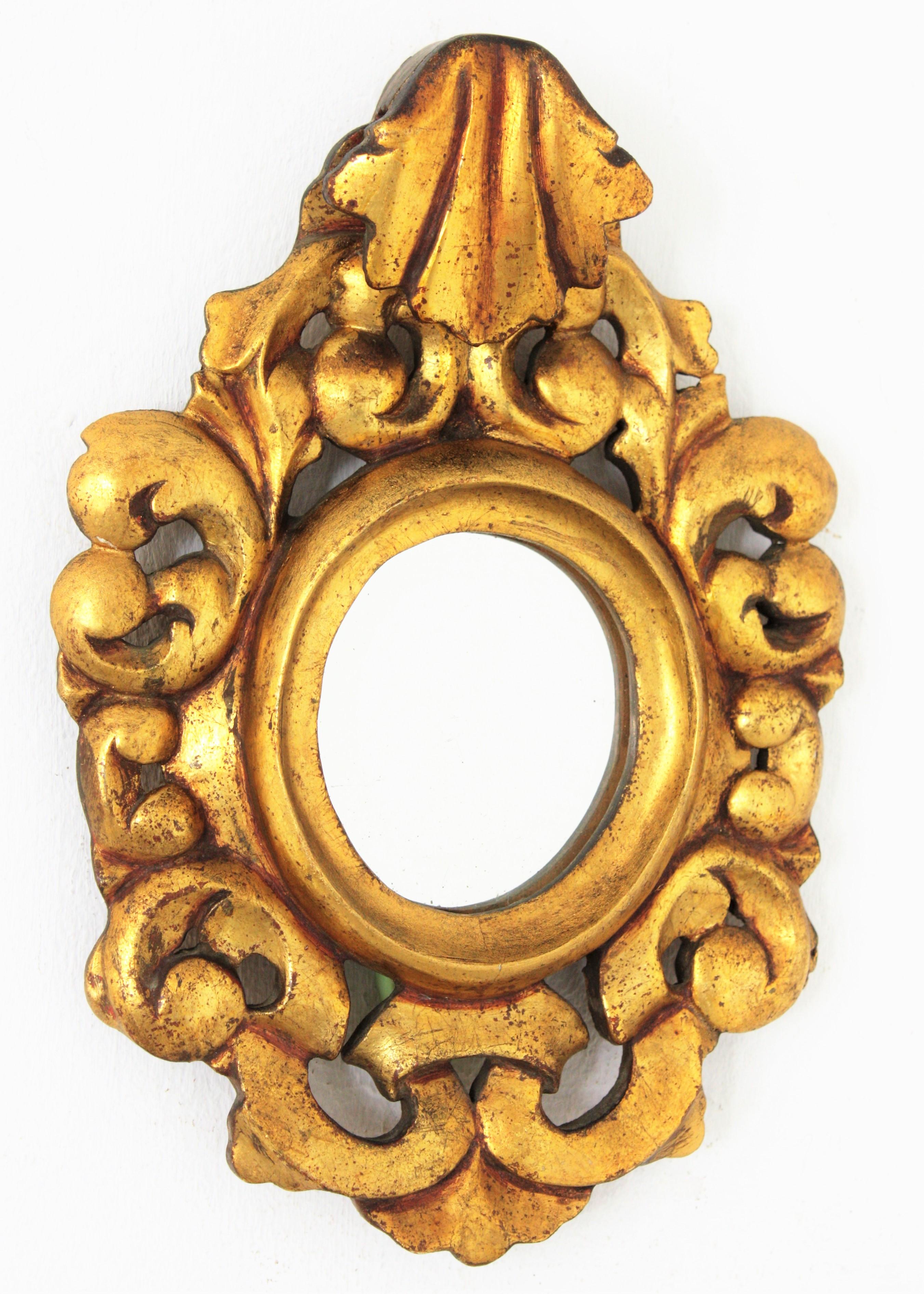 Hand-Carved Carved Giltwood Rococo Style Mini Sized Mirror with Crest, 1940s