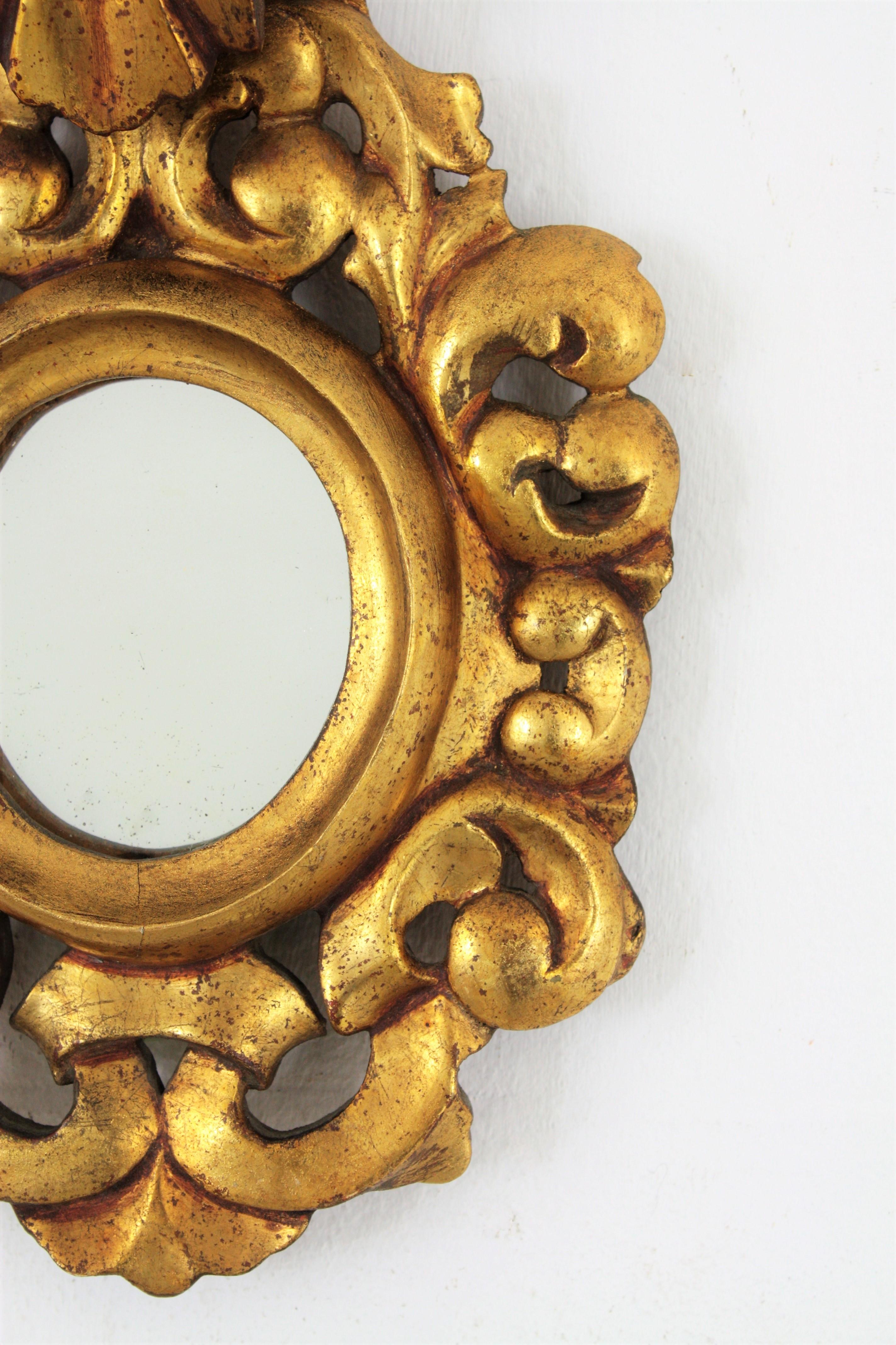 20th Century Carved Giltwood Rococo Style Mini Sized Mirror with Crest, 1940s