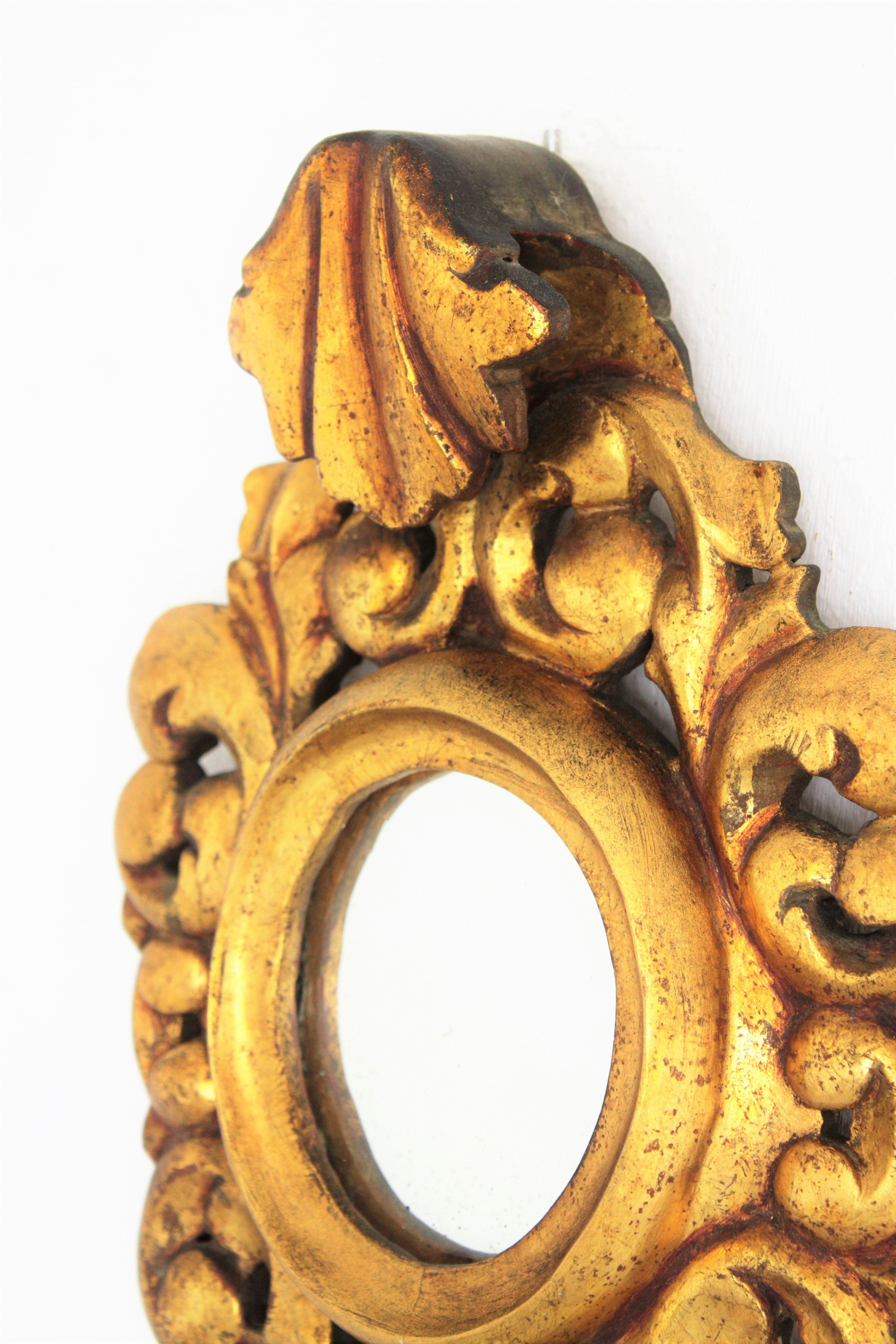 Carved Giltwood Rococo Style Mini Sized Mirror with Crest, 1940s 1
