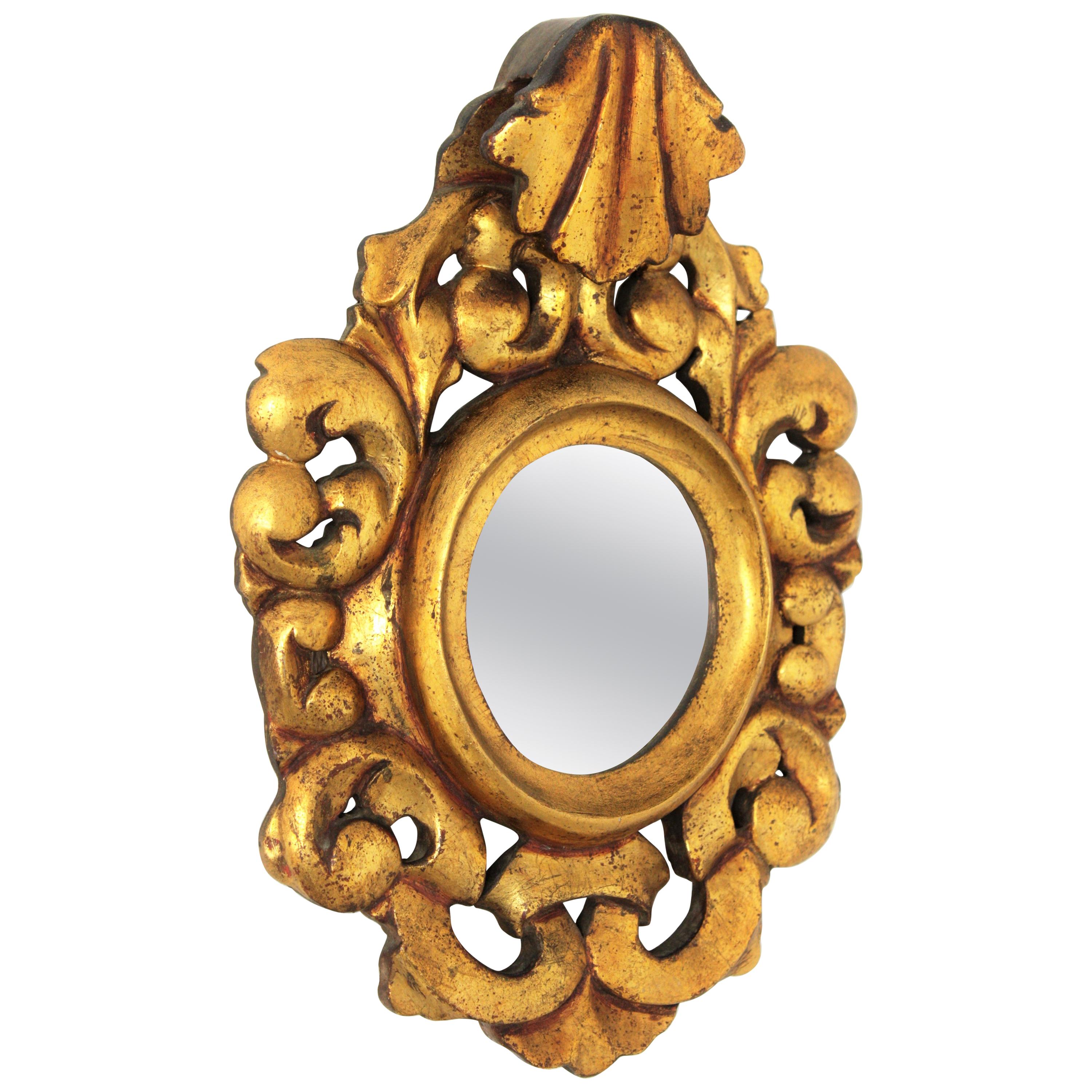 Carved Giltwood Rococo Style Mini Sized Mirror with Crest, 1940s