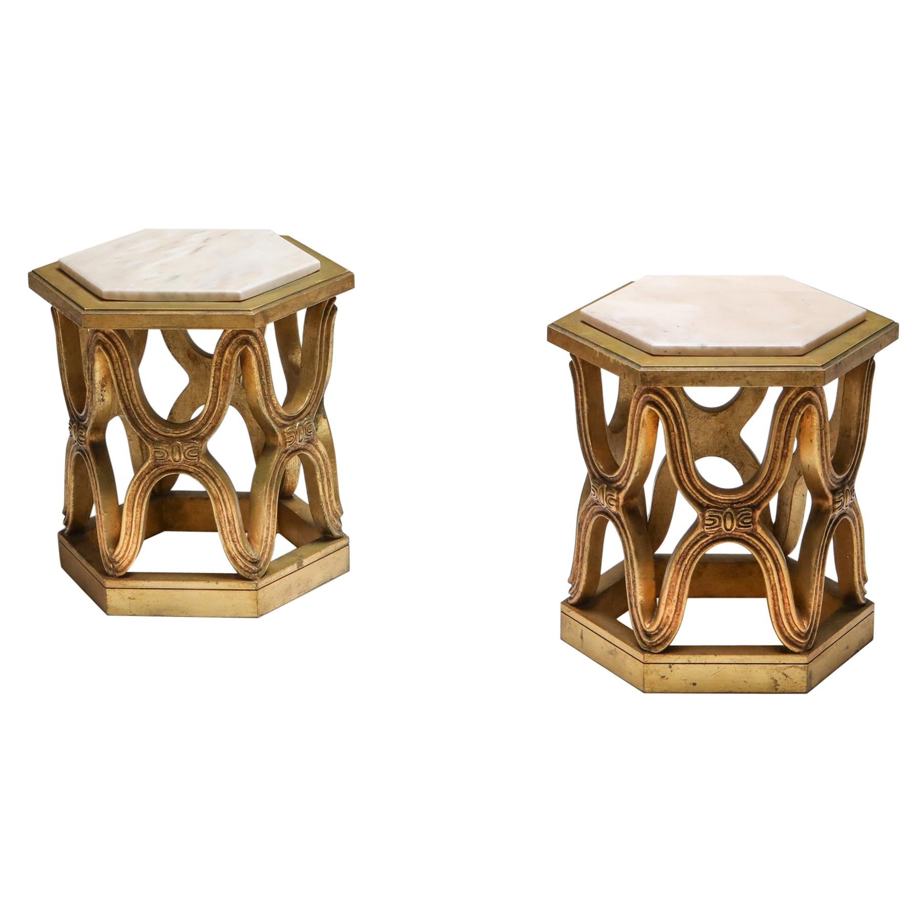 Carved Giltwood Side Tables with Marble Top, 1970s For Sale