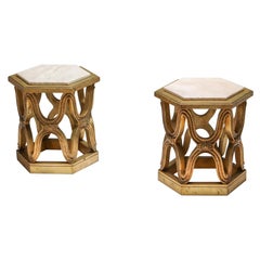 Vintage Carved Giltwood Side Tables with Marble Top, 1970s