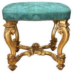 Antique Carved Giltwood Stool with Silk Damask Seat, 18th Century