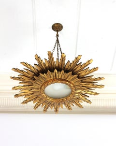 Carved Giltwood Sunburst Pendant Ceiling Light Fixture, Spain ca. 1950s