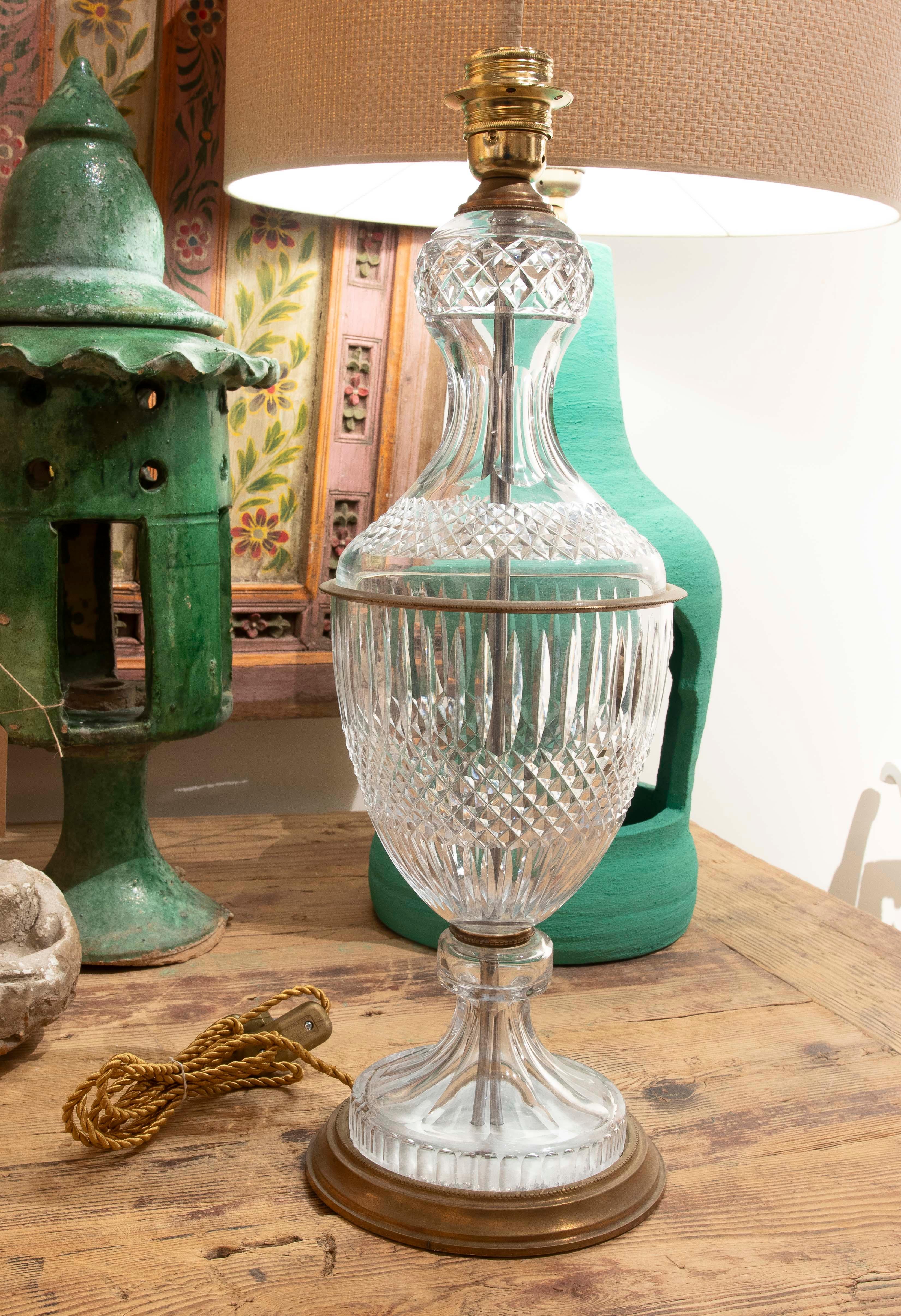 European Carved Glass and Bronze Table Lamp For Sale