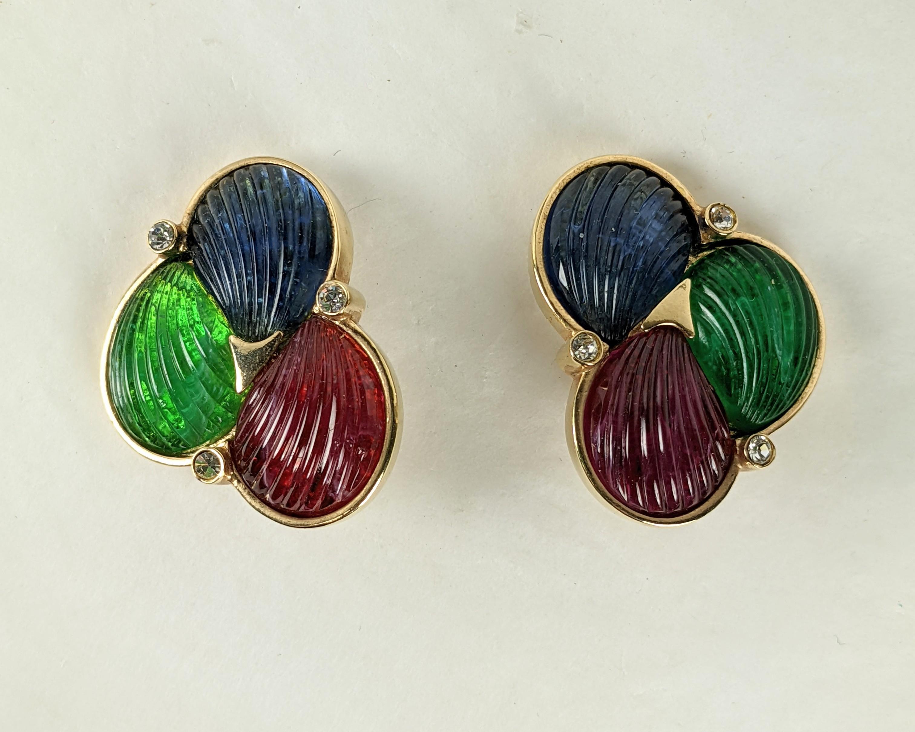 Anglo-Indian  Carved Glass Fruit Salad Tri Color Shell Earclips For Sale